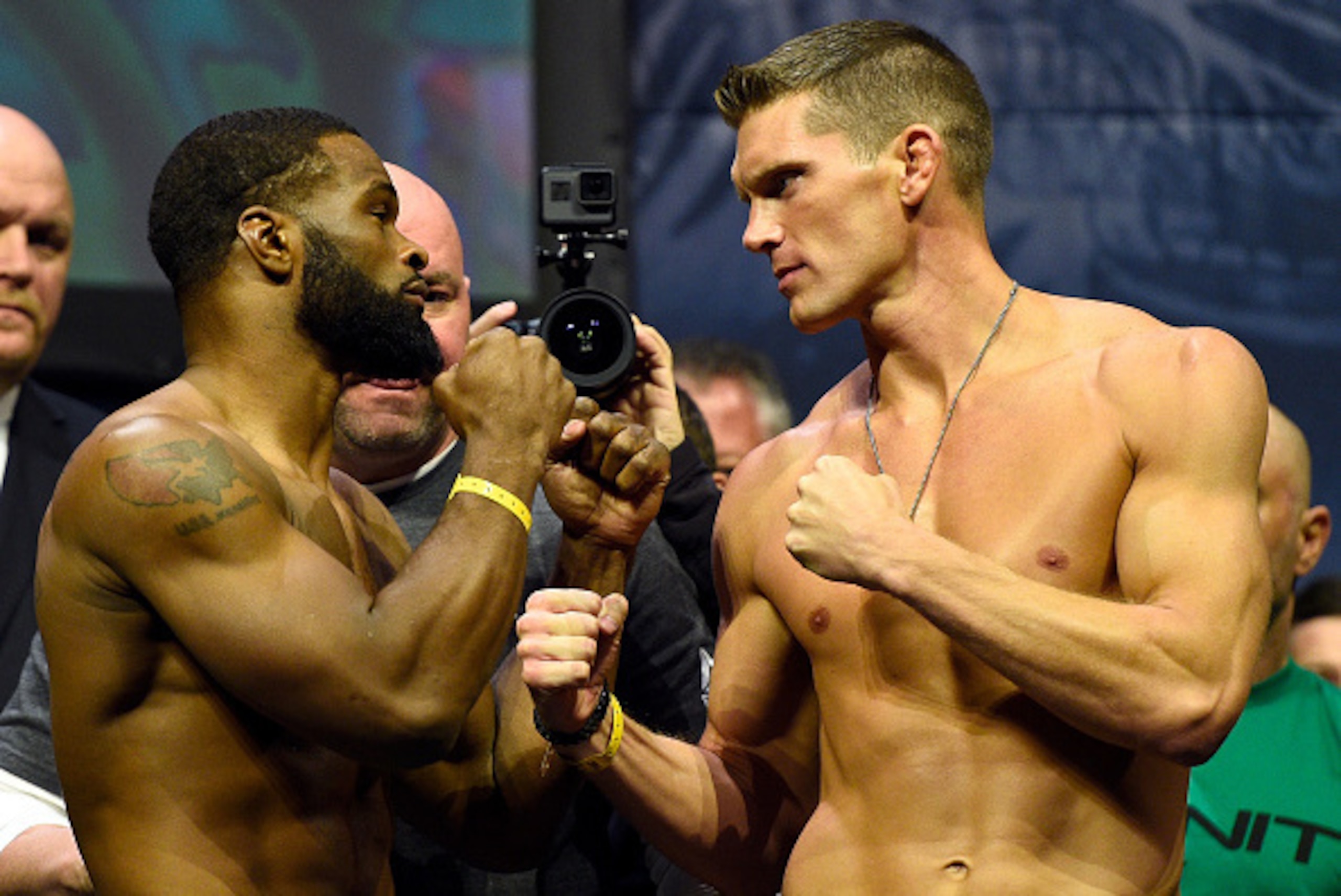 NEW YORK, NY - NOVEMBER 11:  (L-R) UFC welterweight champion Tyron Woodley and challenger Stephen Thompson face off during the UFC 205 weigh-in inside Madison Square Garden on November 11, 2016 in New York City. (Photo by Jeff Bottari/Zuffa LLC/Zuffa LLC 