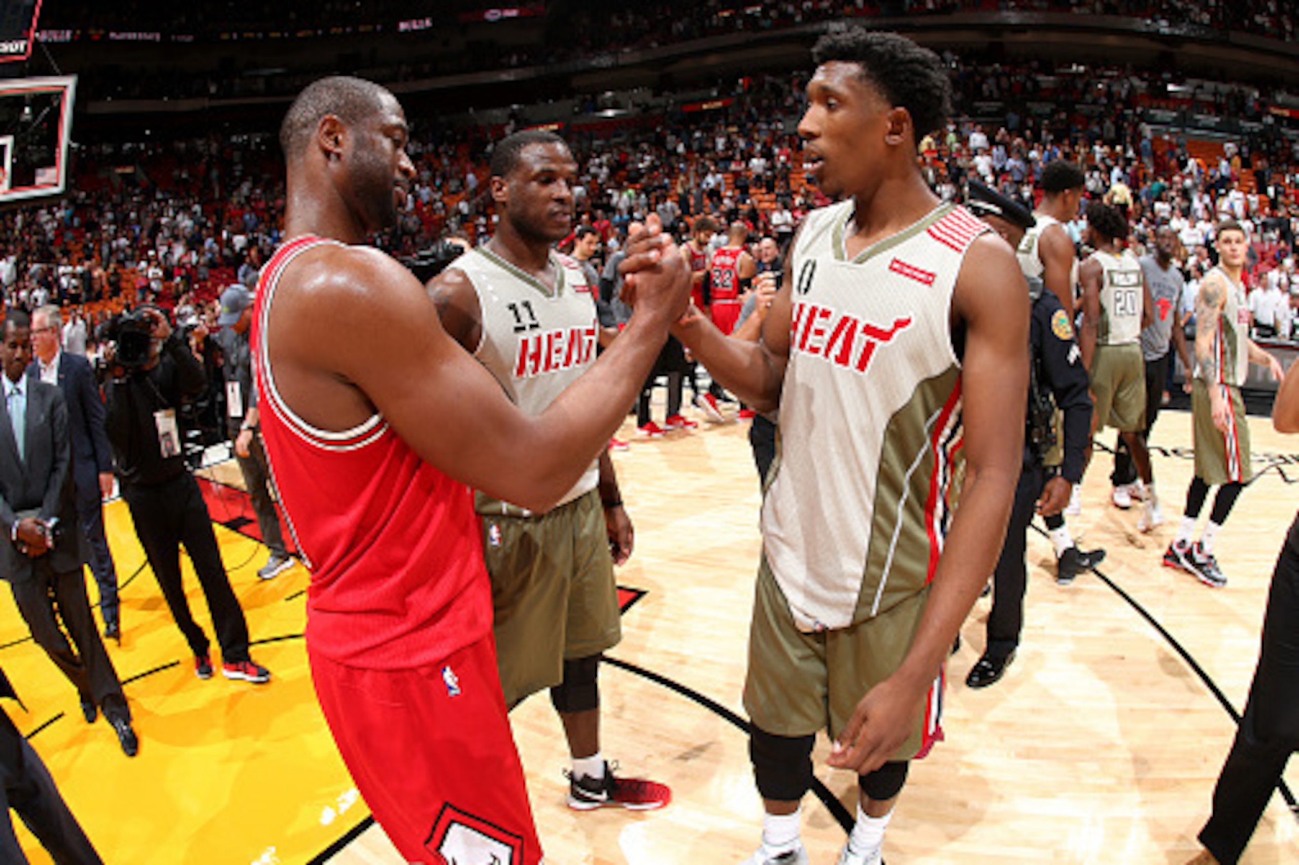 MIAMI, FL - NOVEMBER 10: Dwyane Wade #3 of the Chicago Bulls shakes hands with Josh Richardson #0 of the Miami Heat after the game on November 10, 2016 at AmericanAirlines Arena in Miami, Florida. NOTE TO USER: User expressly acknowledges and agrees that,