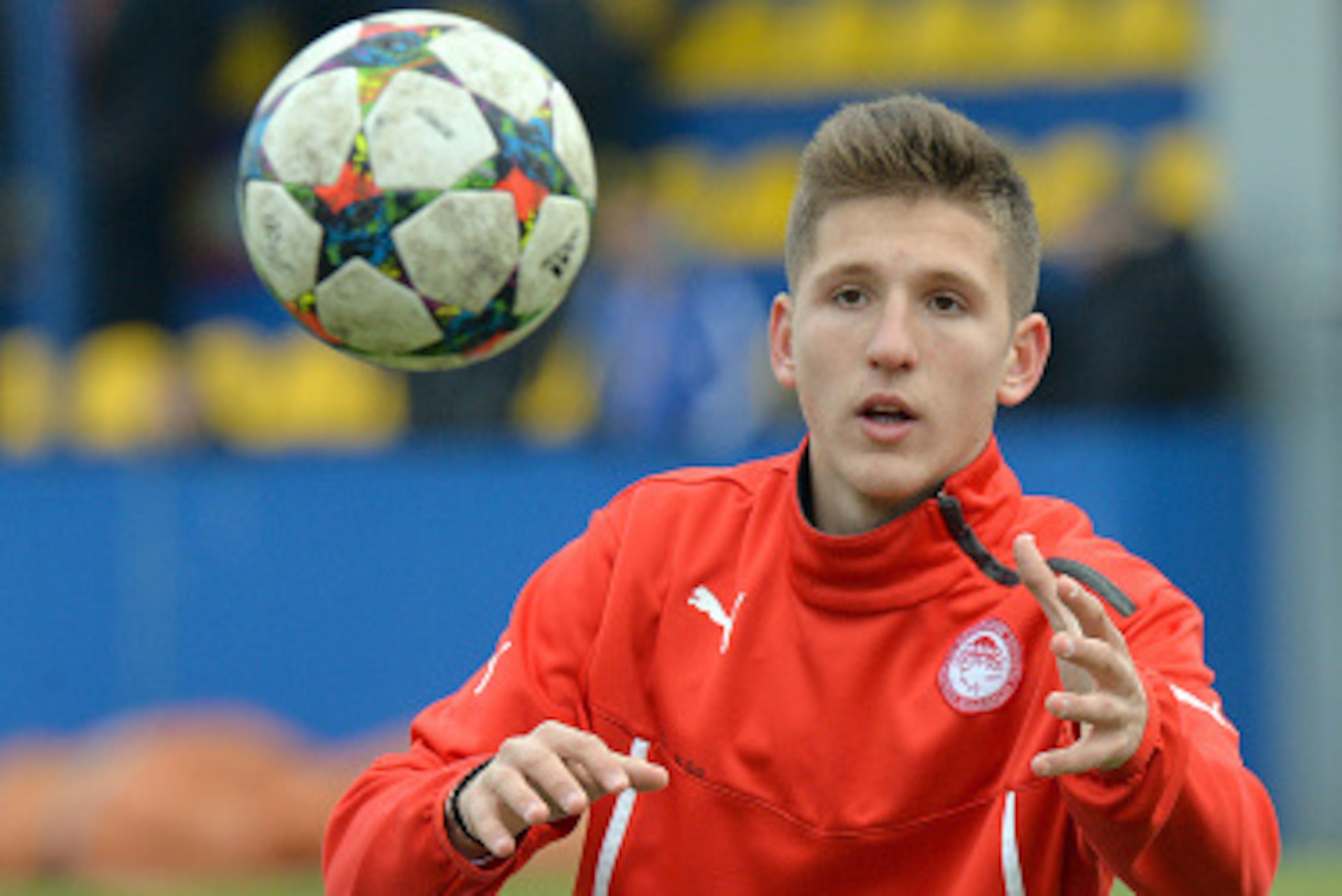 KIEV,UKRAINE - FEBRUARY 23: Panagiotis Retsos of FC Olympiacos in action during the UEFA Youth League Round of 16 match between FC Shakhtar Donetsk and FC Olympiacos at the FFU Training Complex on February 23, 2015 in Kiev,Ukraine. (Photo by Genya Savilov