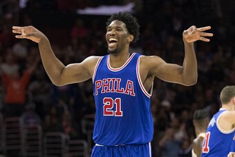 PHILADELPHIA, PA - NOVEMBER 5: Joel Embiid #21 of the Philadelphia 76ers reacts after a made basket against the Cleveland Cavaliers in the third quarter at Wells Fargo Center on November 5, 2016 in Philadelphia, Pennsylvania. The Cavaliers defeated the 76