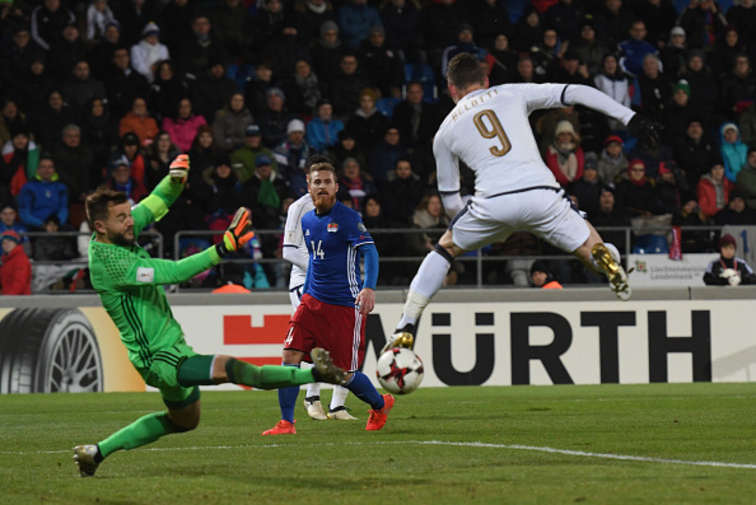 VADUZ, LIECHTENSTEIN - NOVEMBER 12:  Andrea Belotti of Italy scores the fourth goal during the FIFA World Cup 2018 group G Qualifiers football match between Liechtenstein and Italy at  the Rheinpark Stadion on November 12, 2016 in Vaduz,Liechtenstein .  (