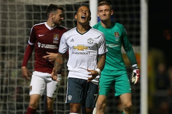 NORTHAMPTON, ENGLAND - SEPTEMBER 21: A frustrated Memphis Depay of Manchester United shouts during the EFL Cup match between Northampton Town and Manchester United at Sixfields on September 21, 2016 in Northampton, England. (Photo by Catherine Ivill - AMA