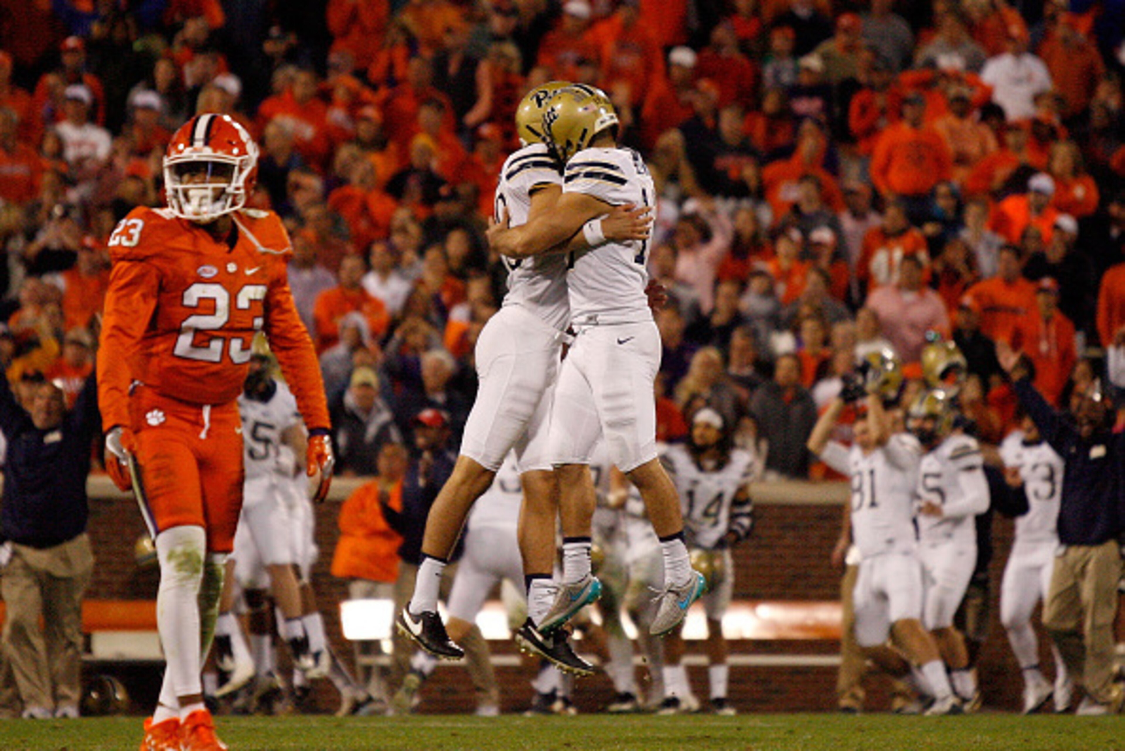 CLEMSON, SC - NOVEMBER 12: Chris Blewitt #12 of the Pittsburgh Panthers reacts with teammates after kicking the game-winning field goal against the Clemson Tigers at Memorial Stadium on November 12, 2016 in Clemson, South Carolina. (Photo by Tyler Smith/G