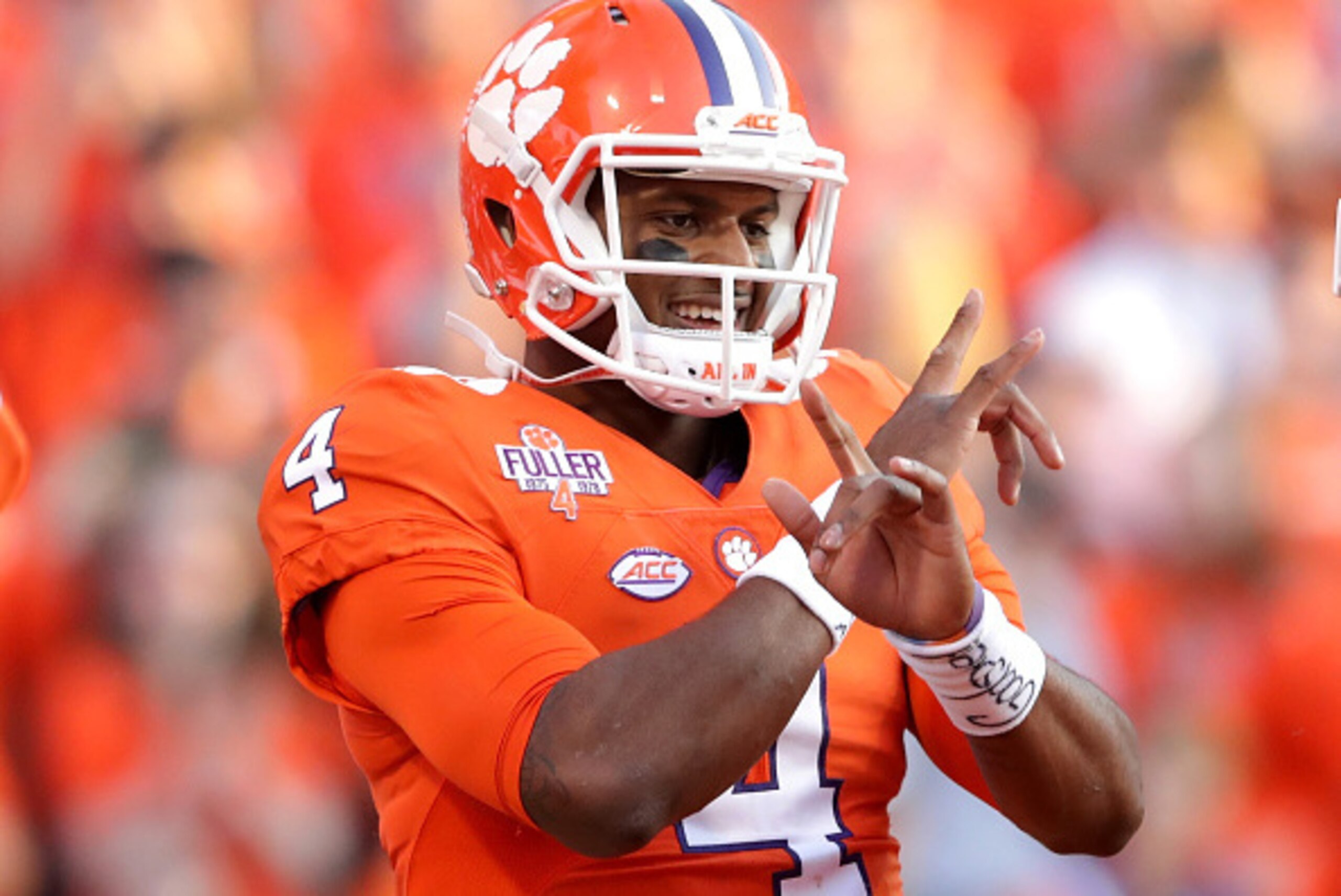 CLEMSON, SC - NOVEMBER 12:  Deshaun Watson #4 of the Clemson Tigers reacts after a touchdown against the Pittsburgh Panthers during their game at Memorial Stadium on November 12, 2016 in Clemson, South Carolina.  (Photo by Streeter Lecka/Getty Images)