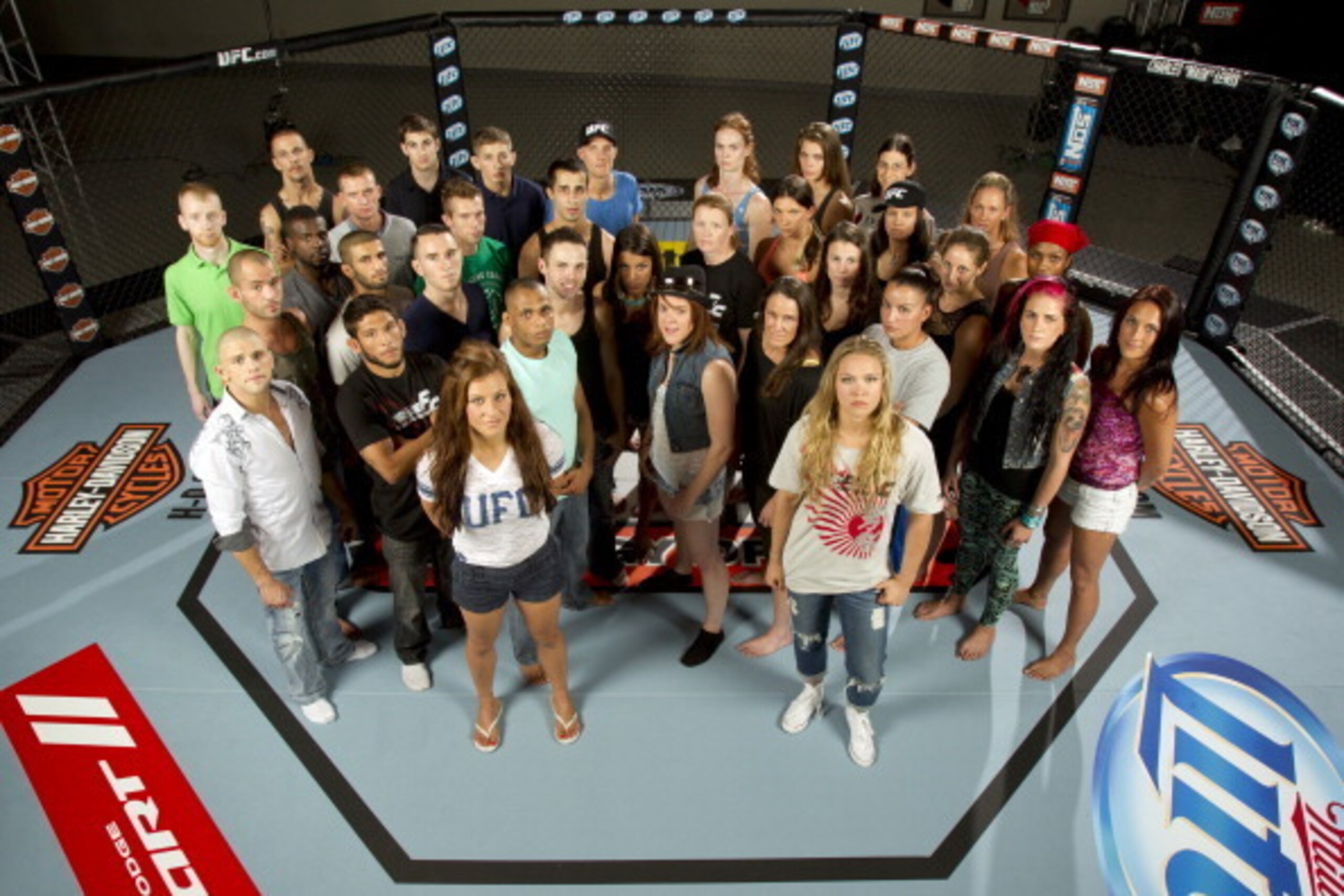 LAS VEGAS, NV - MAY 28: The Ultimate Fighter Season 18 cast with coaches Ronda Rousey (front R) and Miesha Tate (front L) pose for a portrait on May 28, 2013 in Las Vegas, Nevada. (Photo by Mike Roach/Zuffa LLC/Zuffa LLC via Getty Images)