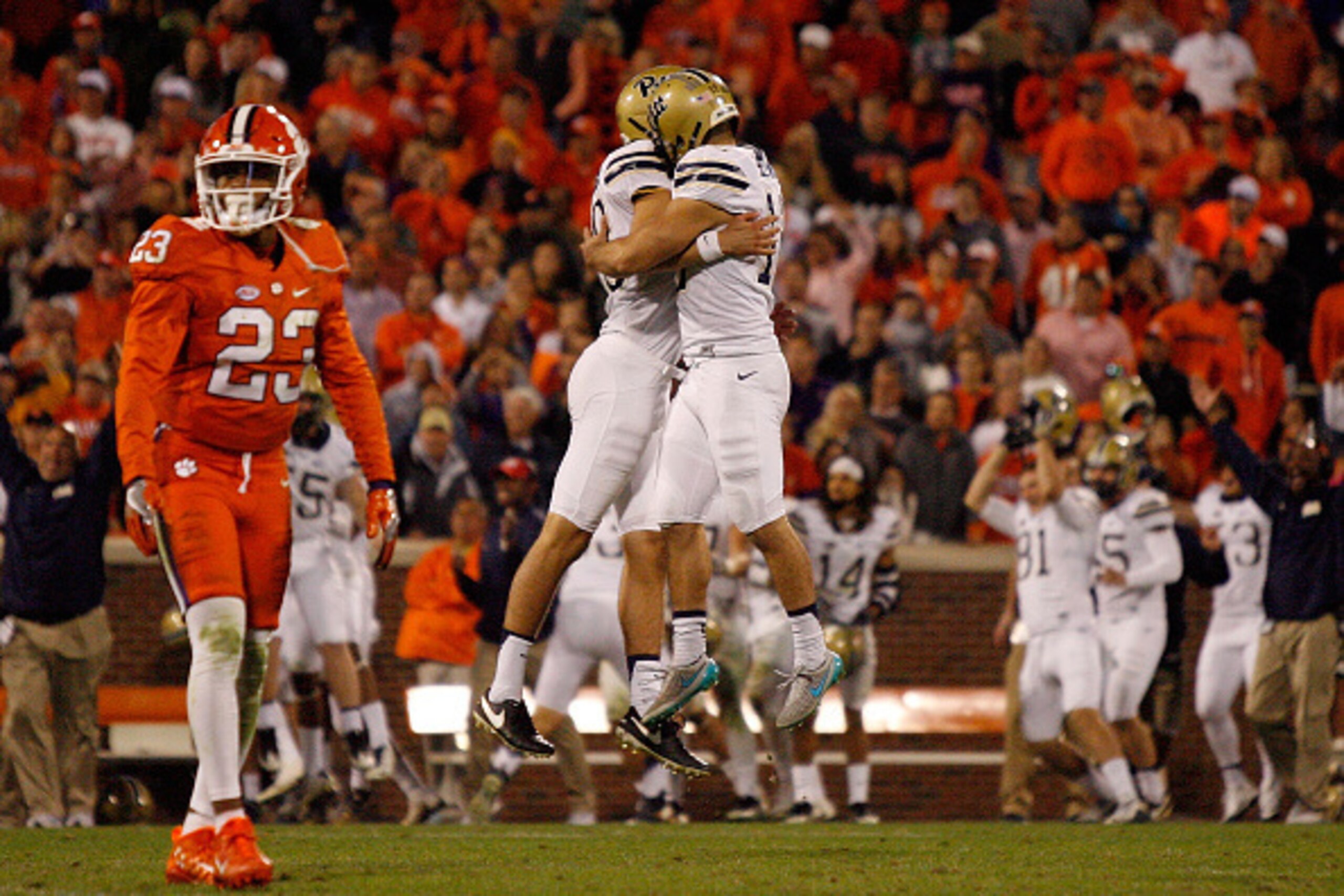CLEMSON, SC - NOVEMBER 12: Chris Blewitt #12 of the Pittsburgh Panthers reacts with teammates after kicking the game-winning field goal against the Clemson Tigers at Memorial Stadium on November 12, 2016 in Clemson, South Carolina. (Photo by Tyler Smith/G