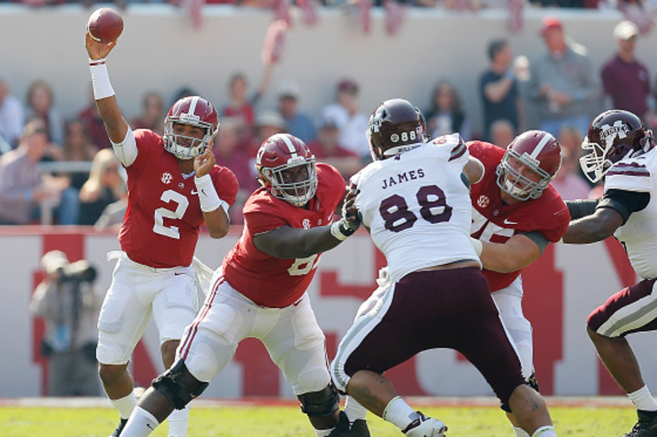 TUSCALOOSA, AL - NOVEMBER 12: Jalen Hurts #2 of the Alabama Crimson Tide passes against the Mississippi State Bulldogs at Bryant-Denny Stadium on November 12, 2016 in Tuscaloosa, Alabama. (Photo by Kevin C. Cox/Getty Images) TUSCALOOSA, AL - NOVEMBER 12: Jalen Hurts #2 of the Alabama Crimson Tide passes against the Mississippi State Bulldogs at Bryant-Denny Stadium on November 12, 2016 in Tuscaloosa, Alabama. (Photo by Kevin C. Cox/Getty Images)