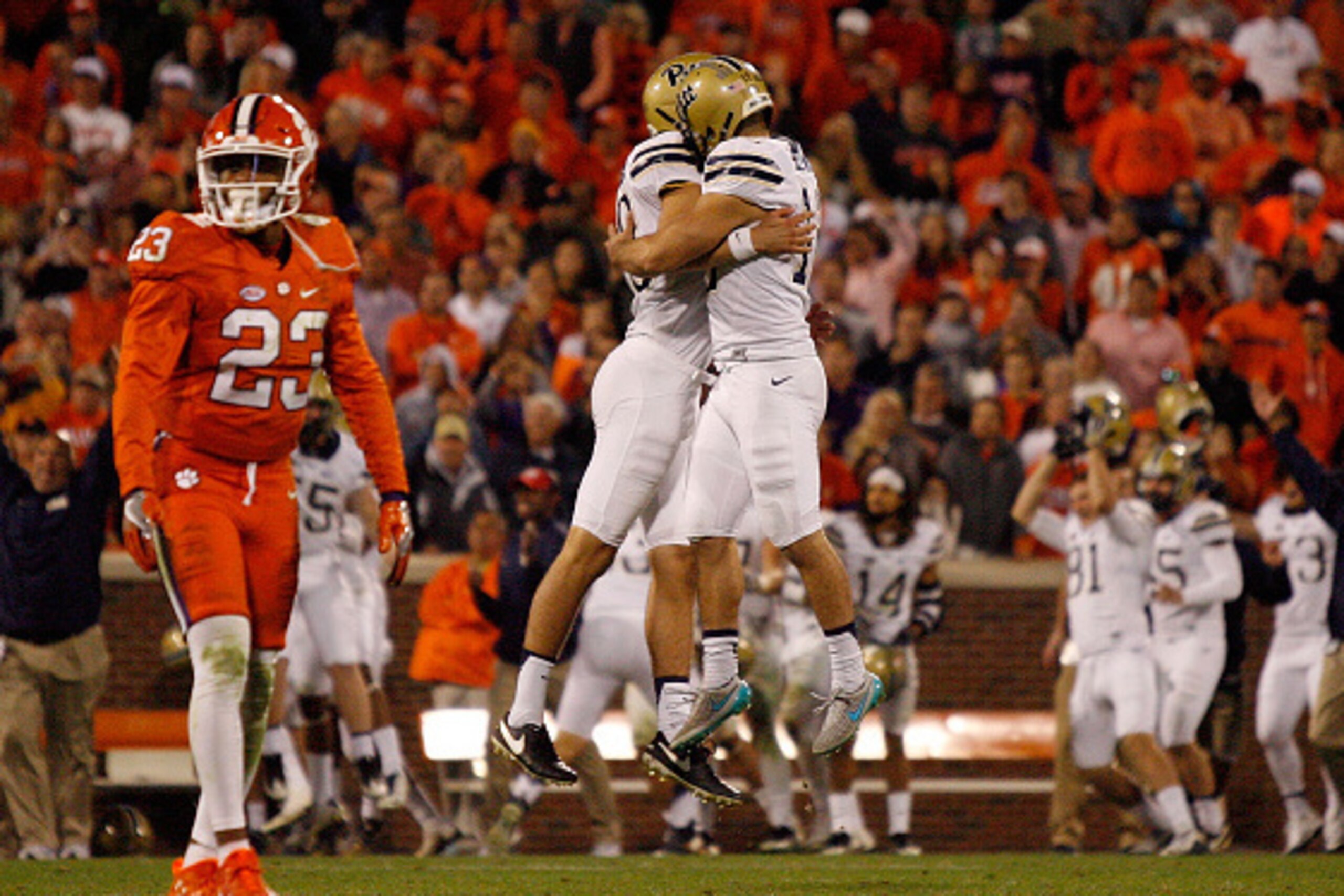 CLEMSON, SC - NOVEMBER 12: Chris Blewitt #12 of the Pittsburgh Panthers reacts with teammates after kicking the game-winning field goal against the Clemson Tigers at Memorial Stadium on November 12, 2016 in Clemson, South Carolina. (Photo by Tyler Smith/G CLEMSON, SC - NOVEMBER 12: Chris Blewitt #12 of the Pittsburgh Panthers reacts with teammates after kicking the game-winning field goal against the Clemson Tigers at Memorial Stadium on November 12, 2016 in Clemson, South Carolina. (Photo by Tyler Smith/G