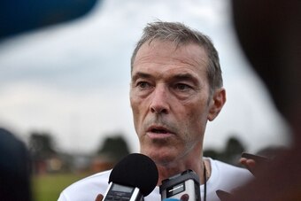 Ivory Coast national football team coach Michel Dussuyer talks to journalists during a training session on August 30, 2016 before the 2017 African Cup of Nations qualification football match between Ivory Coast and Sierra Leone. / AFP / ISSOUF SANOGO     