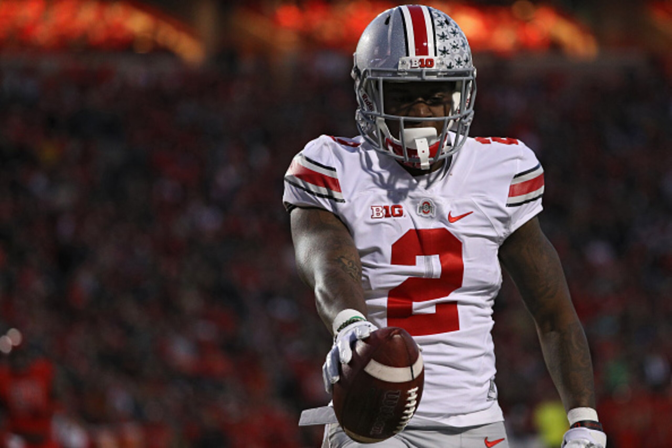 COLLEGE PARK, MD - NOVEMBER 12: Dontre Wilson #2 of the Ohio State Buckeyes scores a touchdown against the Maryland Terrapins during the second quarter at Capital One Field at Maryland Stadium on November 12, 2016 in College Park, Maryland. (Photo by Patr