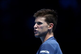 LONDON, ENGLAND - NOVEMBER 13:  Dominic Thiem of Austria reacts during his men's singles match against Novak Djokovic of Serbia on day one of the ATP World Tour Finals at O2 Arena on November 13, 2016 in London, England.  (Photo by Julian Finney/Getty Ima