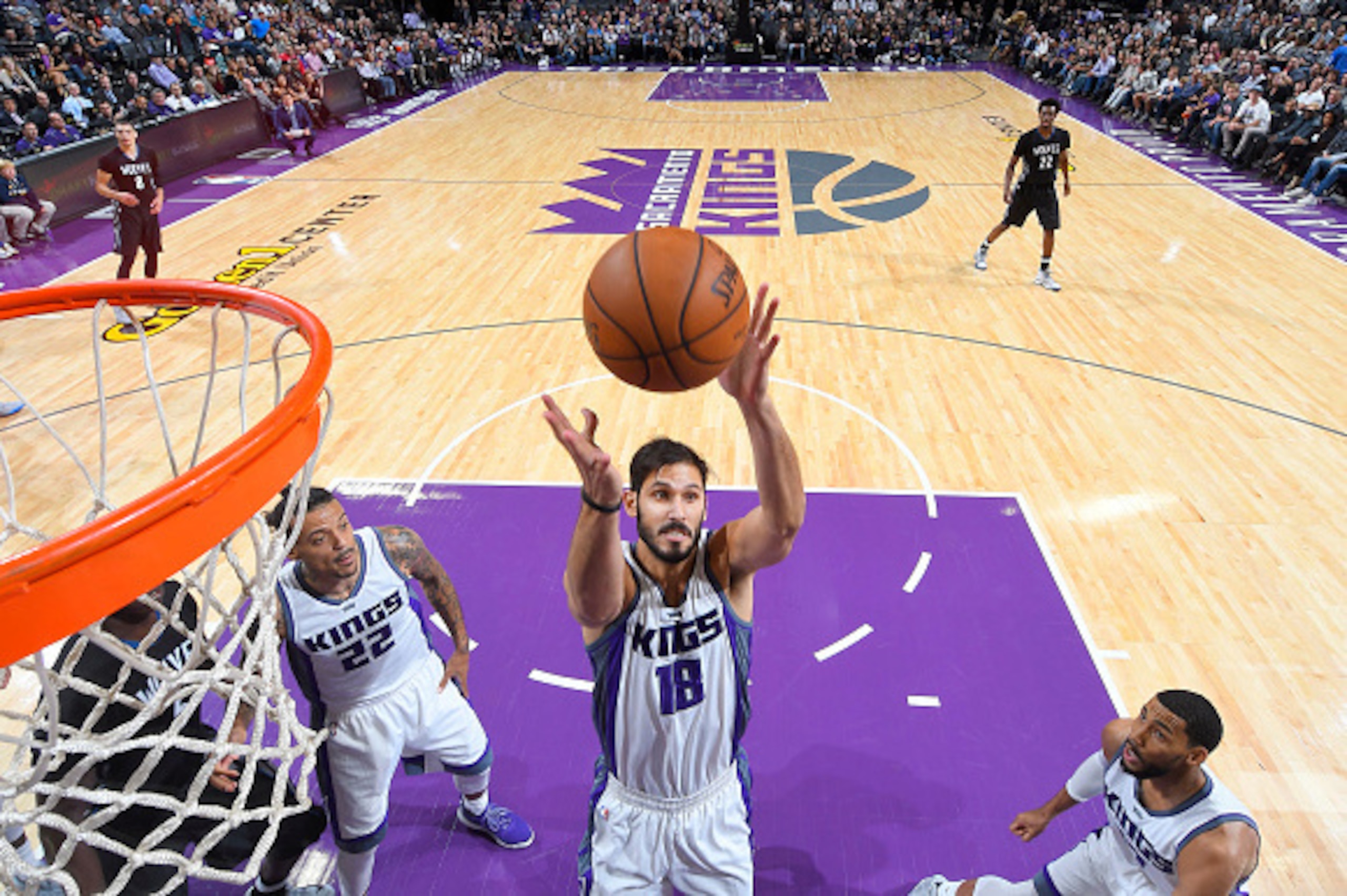 SACRAMENTO, CA - OCTOBER 29: Omri Casspi #18 of the Sacramento Kings rebounds against the Minnesota Timberwolves on October 29, 2016 at Golden 1 Center in Sacramento, California. NOTE TO USER: User expressly acknowledges and agrees that, by downloading an