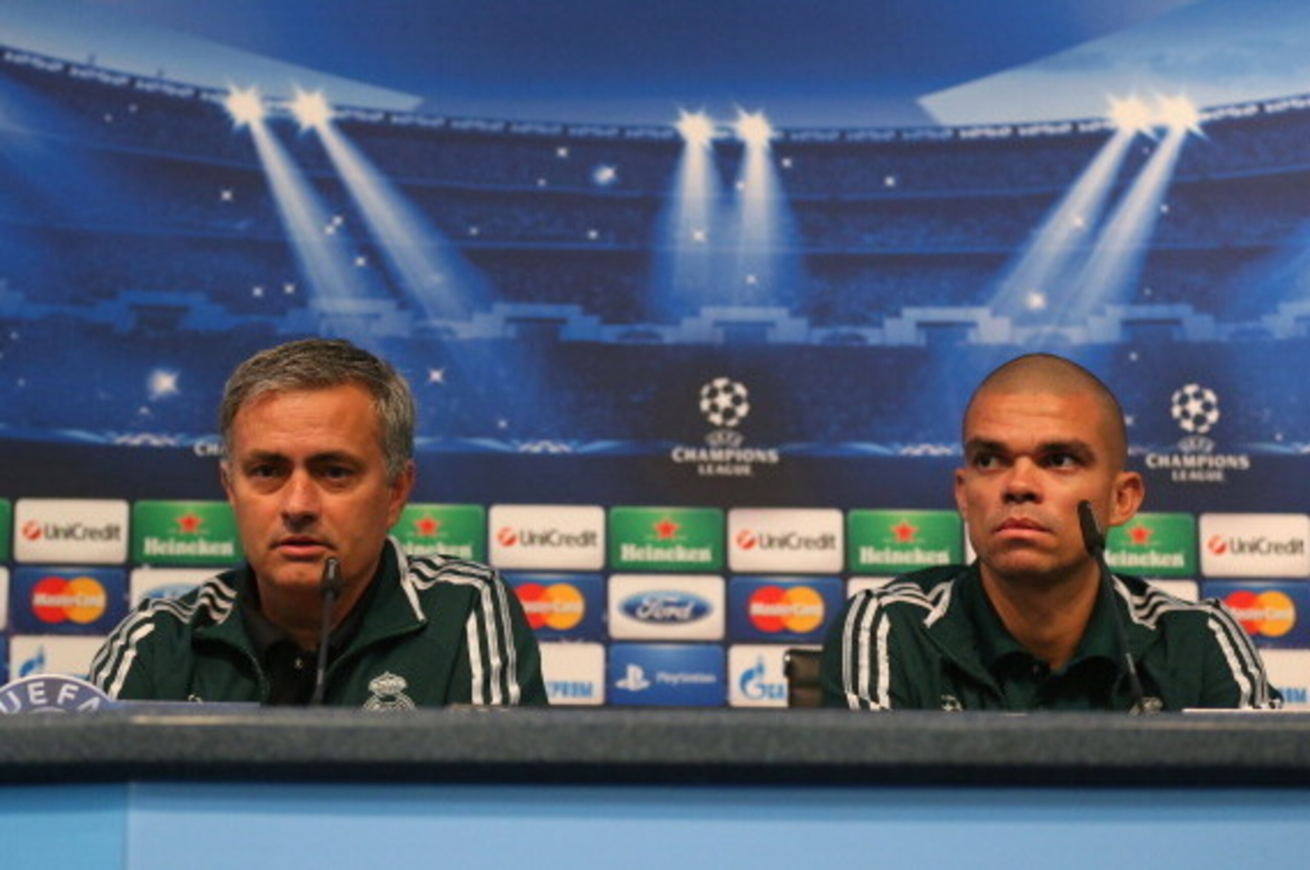 MANCHESTER, ENGLAND - NOVEMBER 20: Jose Mourinho the coach of Real Madrid and Pepe face the media during a press conference at the Etihad Stadium on November 20, 2012 in Manchester, England. (Photo by Alex Livesey/Getty Images) MANCHESTER, ENGLAND - NOVEMBER 20: Jose Mourinho the coach of Real Madrid and Pepe face the media during a press conference at the Etihad Stadium on November 20, 2012 in Manchester, England. (Photo by Alex Livesey/Getty Images)