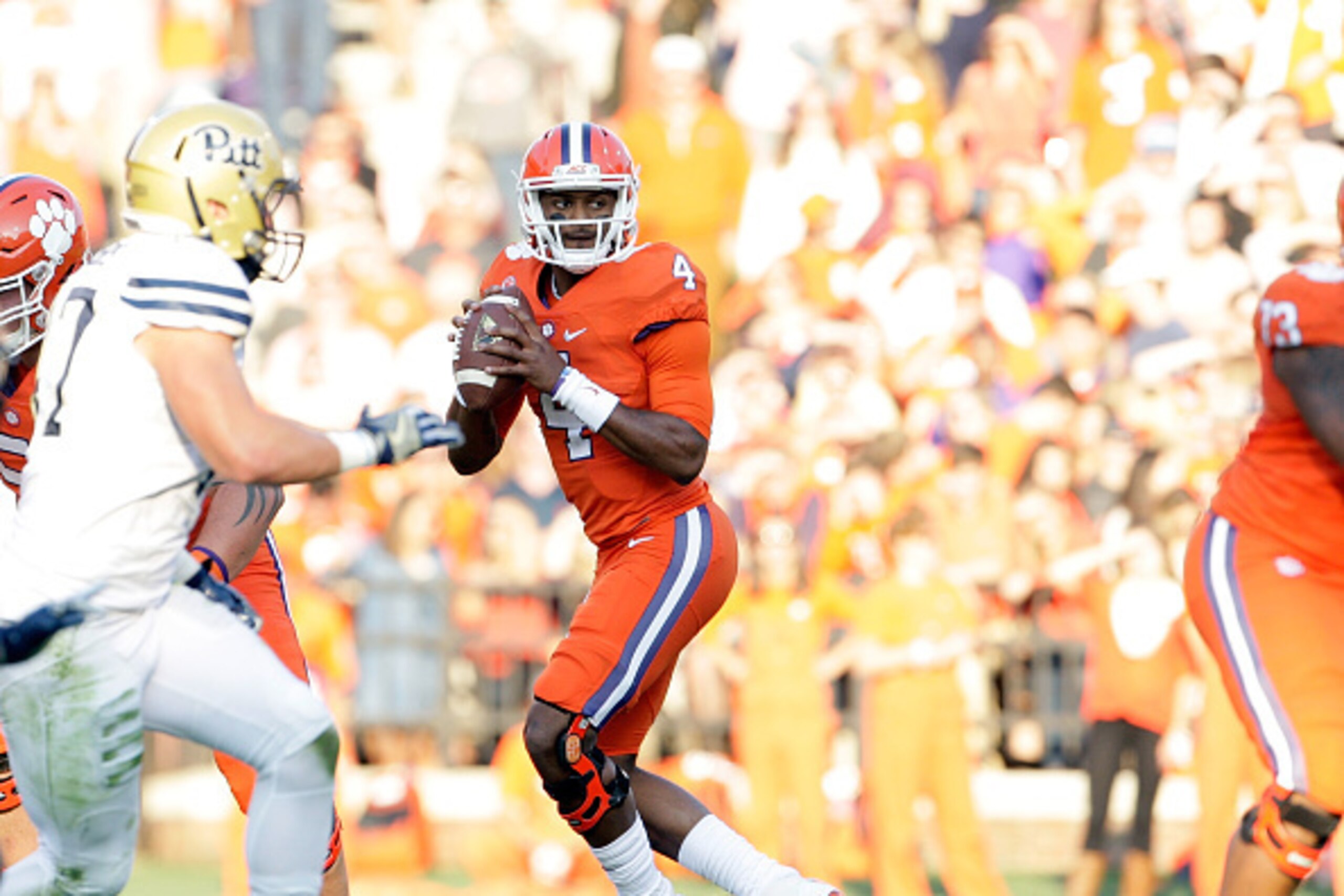 CLEMSON, SC - NOVEMBER 12: Deshaun Watson #4 of the Clemson Tigers looks to pass during the game against the Pittsburgh Panthers at Memorial Stadium on November 12, 2016 in Clemson, South Carolina. (Photo by Tyler Smith/Getty Images)
