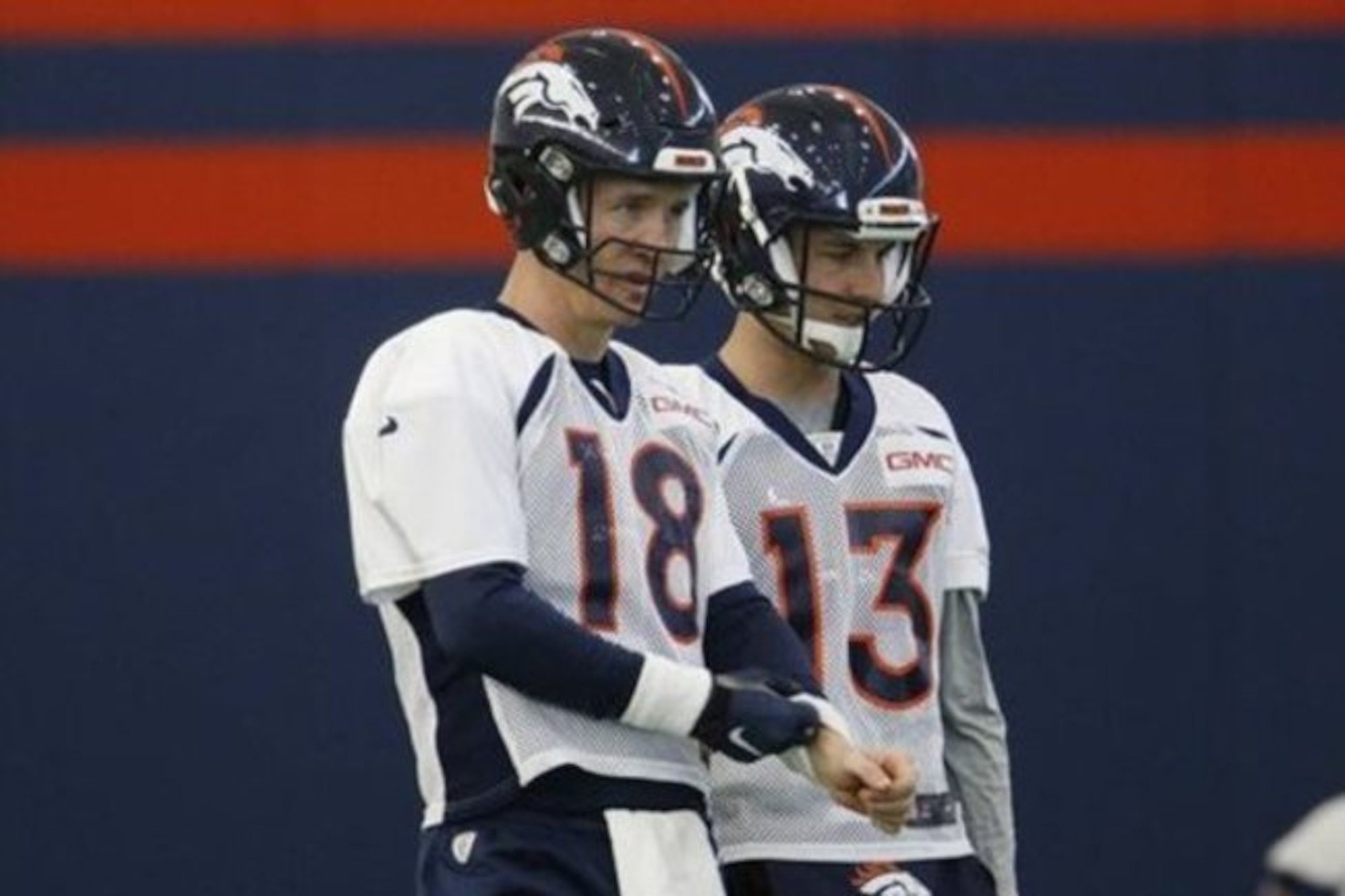 Peyton Manning (left) and Trevor Siemian (right) last year during a Denver Broncos practice. Peyton Manning (left) and Trevor Siemian (right) last year during a Denver Broncos practice.