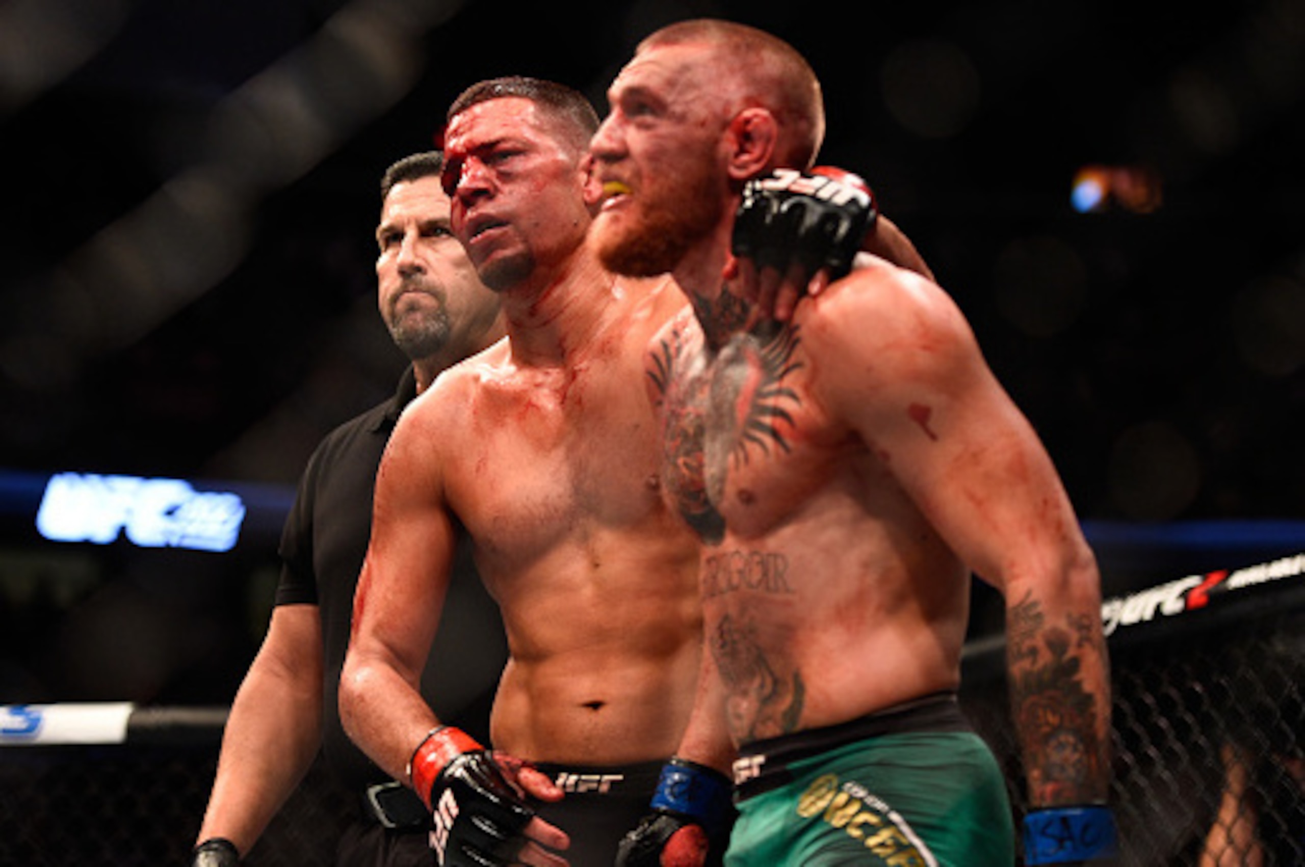 LAS VEGAS, NV - AUGUST 20: (L-R) Nate Diaz and Conor McGregor of Ireland embrace after finishing five rounds in their welterweight bout during the UFC 202 event at T-Mobile Arena on August 20, 2016 in Las Vegas, Nevada. (Photo by Jeff Bottari/Zuffa LLC/Z LAS VEGAS, NV - AUGUST 20: (L-R) Nate Diaz and Conor McGregor of Ireland embrace after finishing five rounds in their welterweight bout during the UFC 202 event at T-Mobile Arena on August 20, 2016 in Las Vegas, Nevada. (Photo by Jeff Bottari/Zuffa LLC/Z