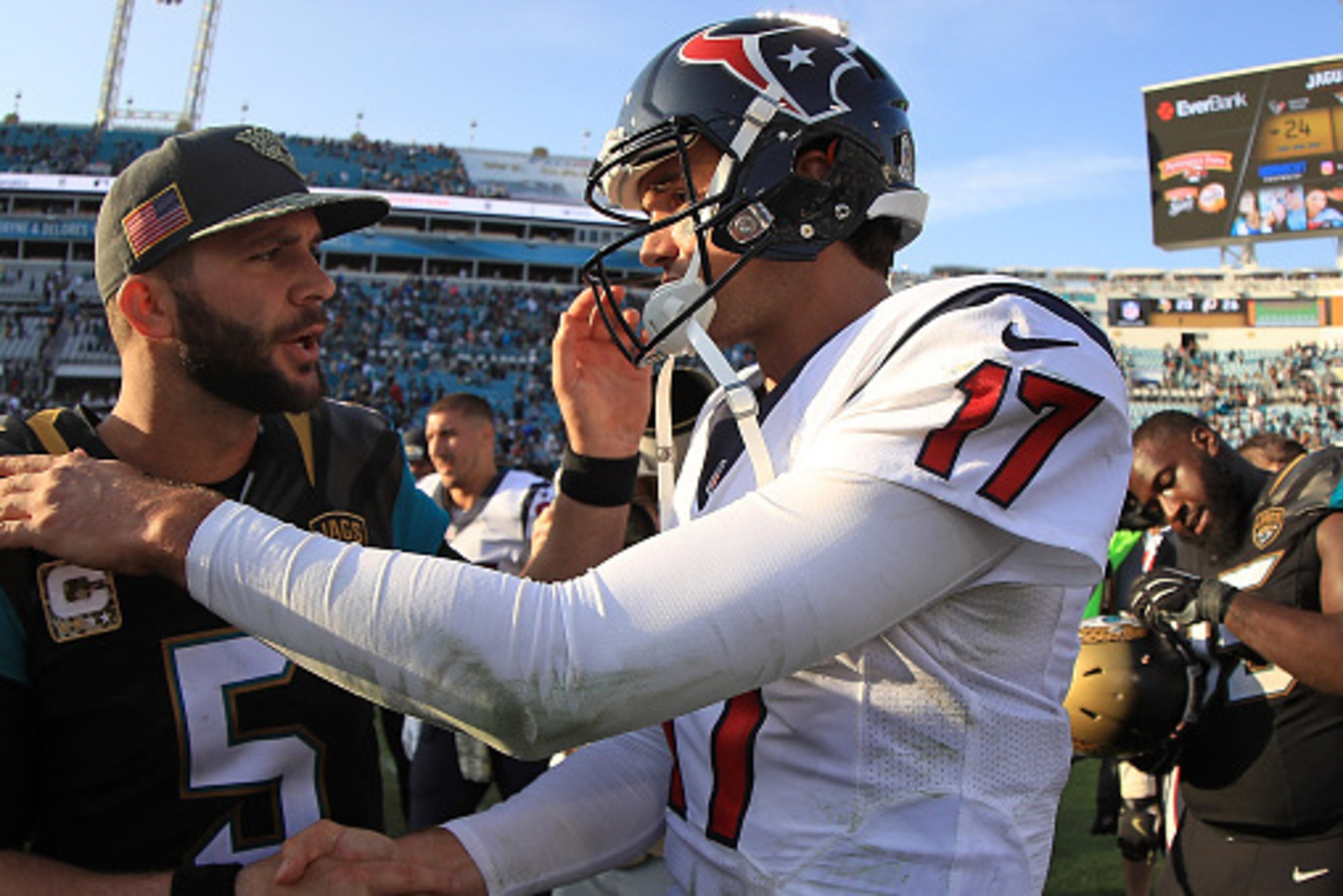 JACKSONVILLE, FL - NOVEMBER 13:  Brock Osweiler #17 of the Houston Texans and Blake Bortles #5 of the Jacksonville Jaguars shake hands during a game  at EverBank Field on November 13, 2016 in Jacksonville, Florida.  (Photo by Mike Ehrmann/Getty Images)