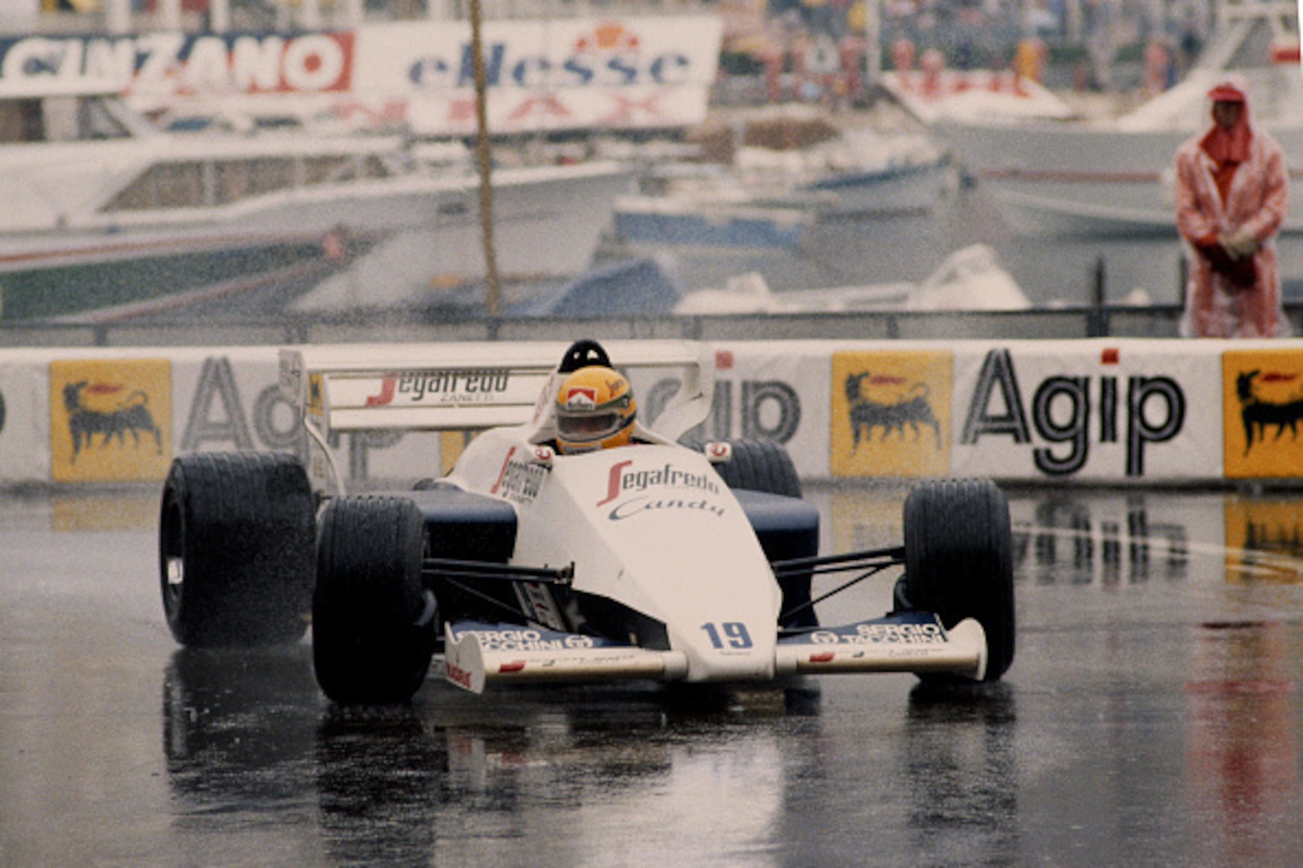 Ayrton Senna of Brazil drives the #19 Toleman-Hart TG184 in the rain to second place during the Grand Prix of Monaco on 3 June 1984 on the streets of the Principality of Monaco in Monte Carlo, Monaco. (Photo by Mike Powell/Getty Images)