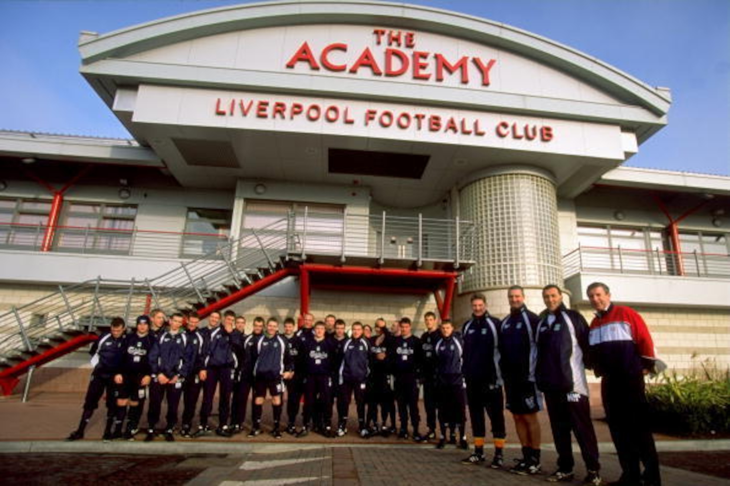 19 Jan 2000:  Coaches and young players gather outside The Academy, Liverpool Football Club's new training centre in Kirby, Liverpool, England. \ Mandatory Credit: Michael Steele /Allsport