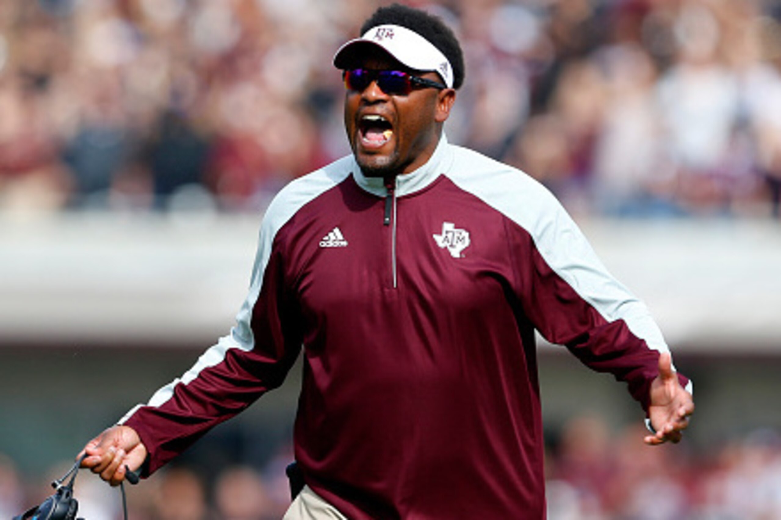STARKVILLE, MS - NOVEMBER 5: Head coach Kevin Sumlin of the Texas A&M Aggies reacts to a call during the first half of an NCAA college football game against the Mississippi State Bulldogs at Davis Wade Stadium on November 5, 2016 in Starkville, Mississipp