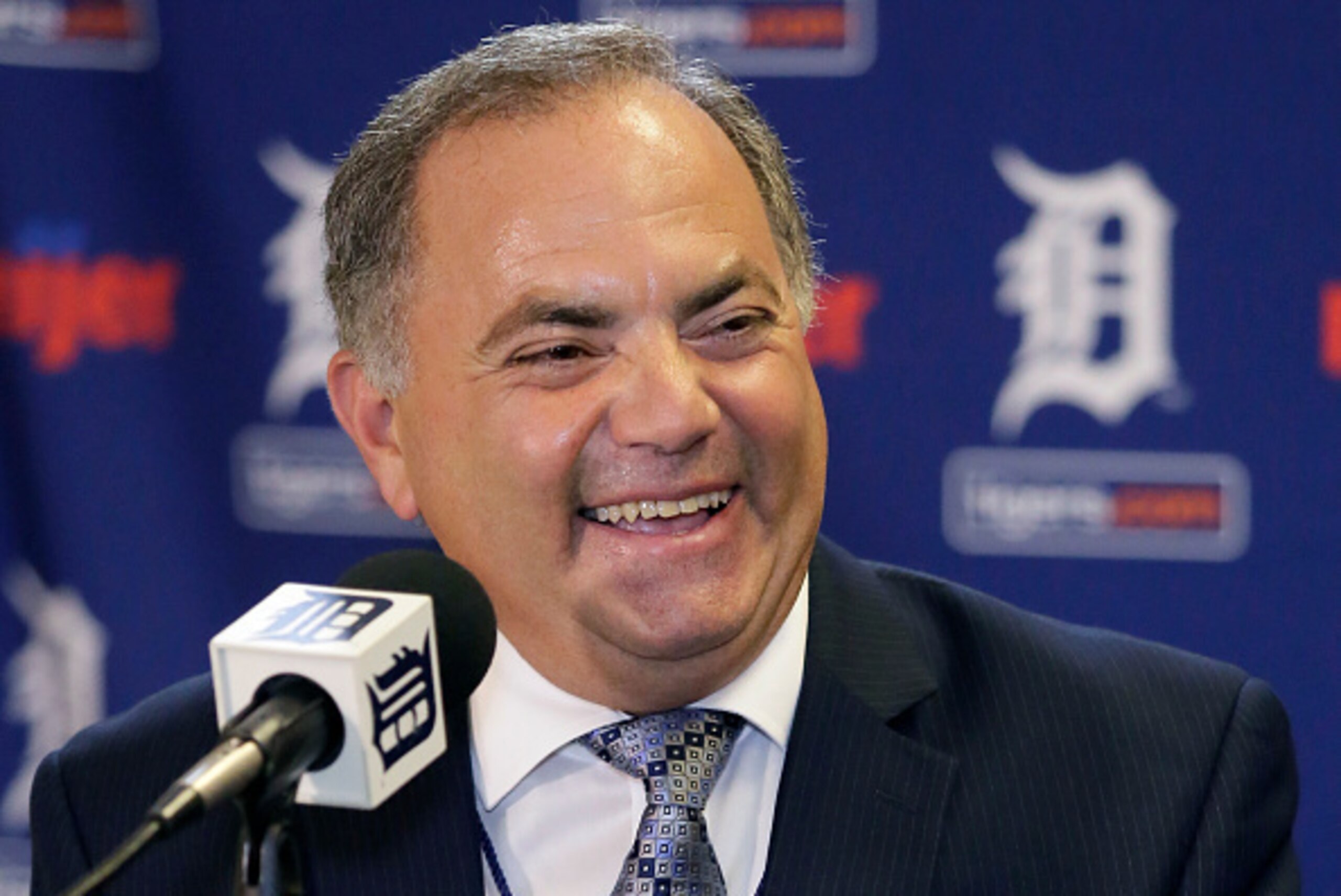 DETROIT, MI - AUGUST 4:  Al Avila laughs during a news conference at Comerica Park after he was promoted to executive vice president of baseball operations and general manager on August 4, 2015 in Detroit, Michigan. Avila replaces Dave Dombrowski who was 