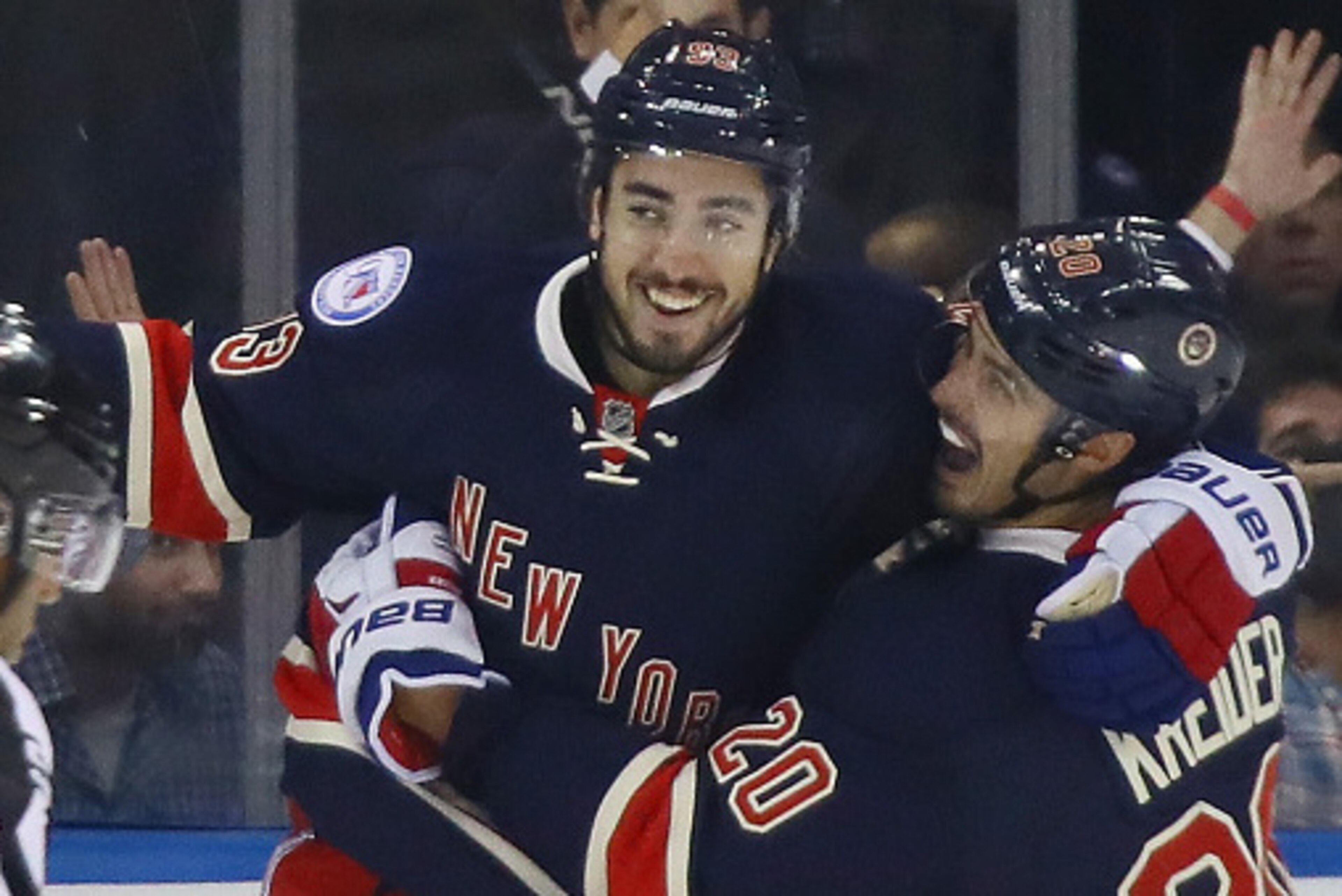 NEW YORK, NY - OCTOBER 19: Mika Zibanejad #93 of the New York Rangers celebrates his first period goal against the Detroit Red Wings and is joined by Chris Kreider #20 at Madison Square Garden on October 19, 2016 in New York City. (Photo by Bruce Bennett NEW YORK, NY - OCTOBER 19: Mika Zibanejad #93 of the New York Rangers celebrates his first period goal against the Detroit Red Wings and is joined by Chris Kreider #20 at Madison Square Garden on October 19, 2016 in New York City. (Photo by Bruce Bennett