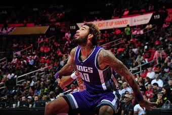 ATLANTA, GA - OCTOBER 31: Willie Cauley-Stein #00 of the Sacramento Kings fights for position against the Atlanta Hawks on October 31, 2016 at Philips Arena in Atlanta, Georgia.  NOTE TO USER: User expressly acknowledges and agrees that, by downloading an