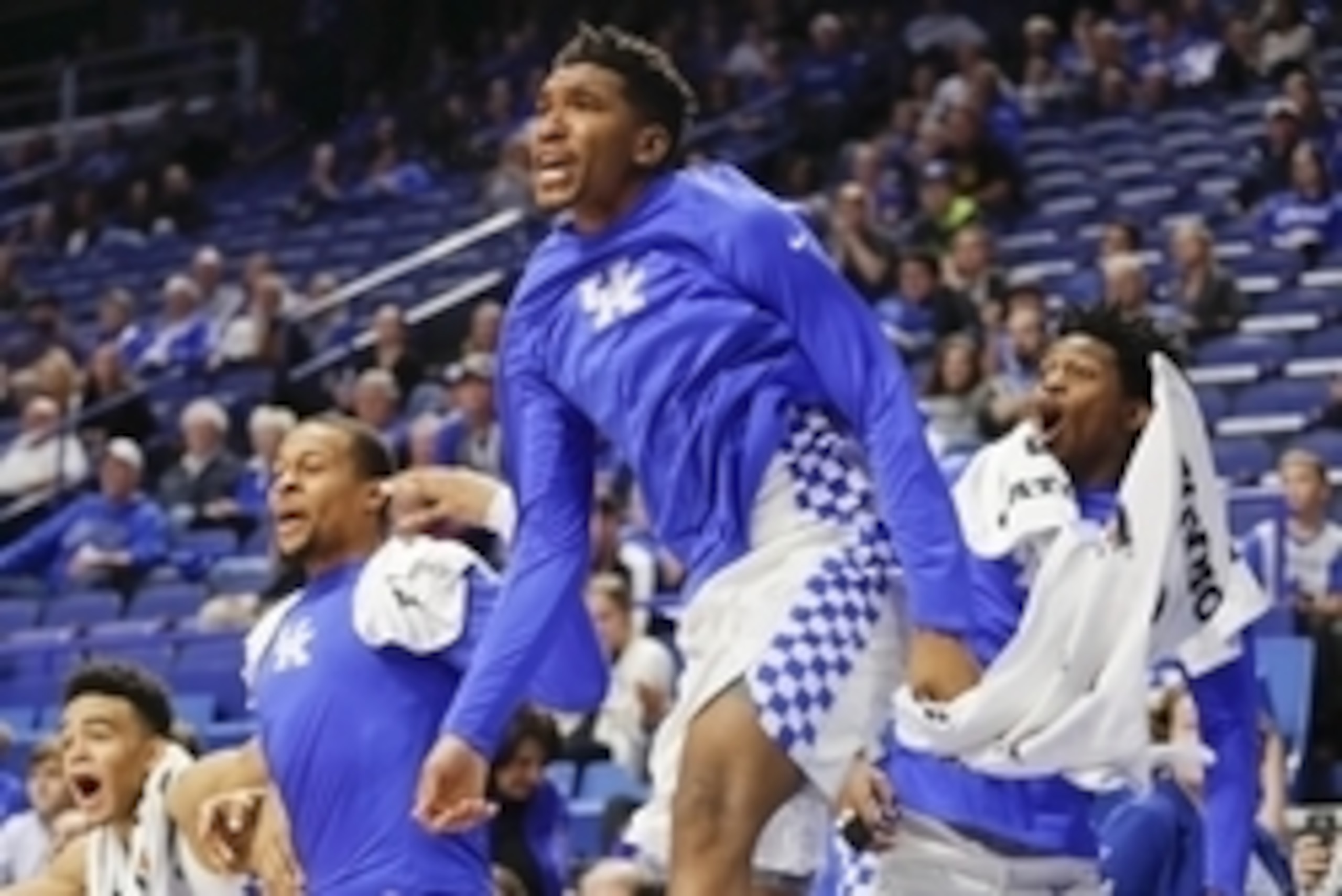 Nov 6, 2016; Lexington, KY, USA; Kentucky Wildcats guard Malik Monk (5) guard De'Aaron Fox (0) and guard Isaiah Briscoe (13) celebrate on the sideline during the game against the Asbury Eagles in the second half at Rupp Arena. Kentucky defeated Asbury 156