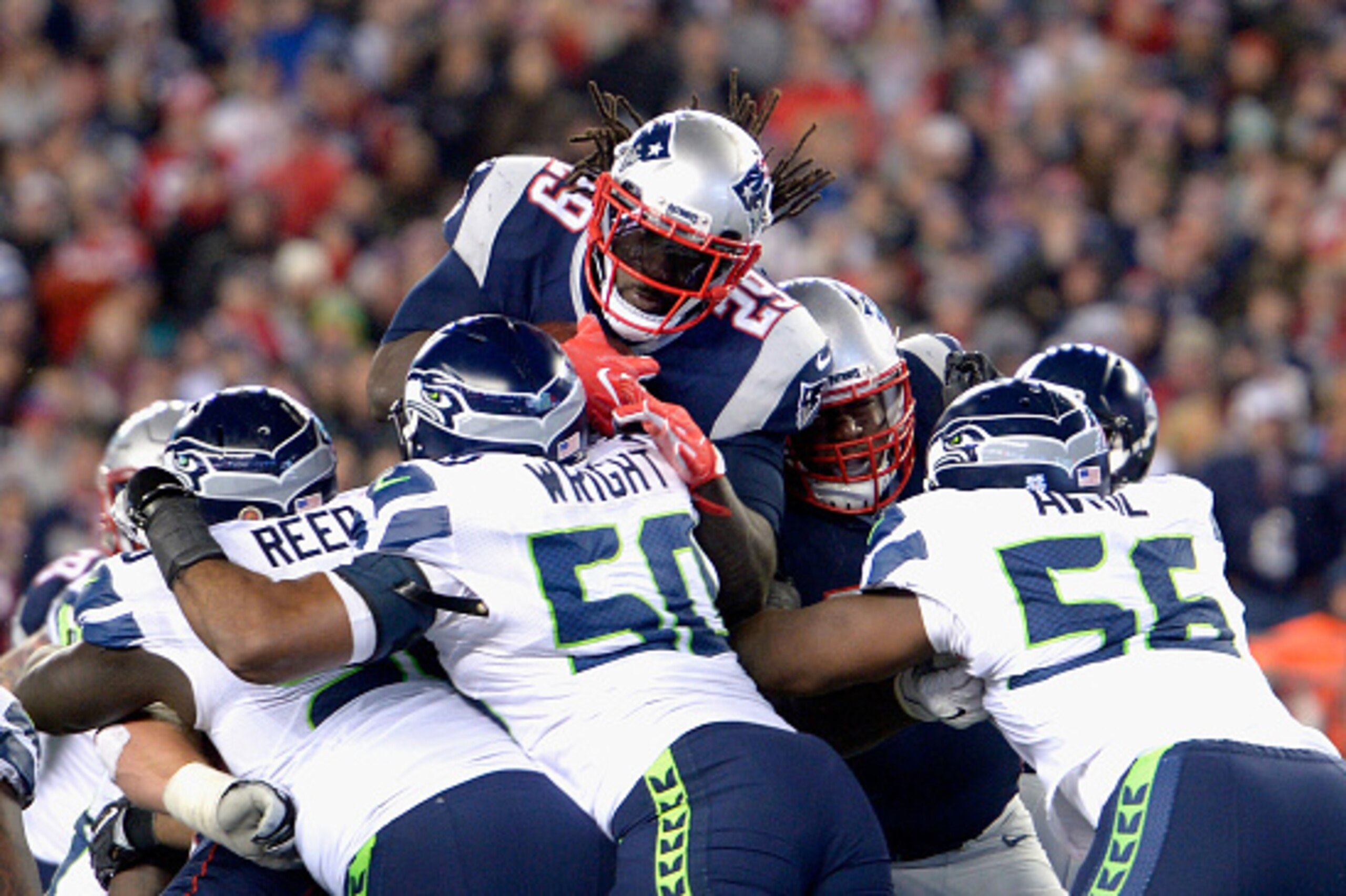 FOXBORO, MA - NOVEMBER 13:  LeGarrette Blount #29 of the New England Patriots is stopped at the goal line during the fourth quarter quarter of a game against the Seattle Seahawks at Gillette Stadium on November 13, 2016 in Foxboro, Massachusetts.  (Photo 