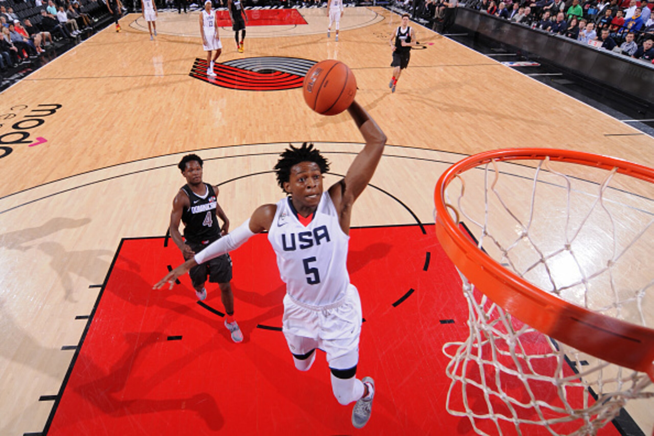 PORTLAND, OR - APRIL 9:  De'Aaron Fox #5 of the USA Junior Select Team dunks the ball against the World Select Team during the 2016 Nike Hoop Summit on April 9, 2016 at the MODA Center Arena in Portland, Oregon. NOTE TO USER: User expressly acknowledges a