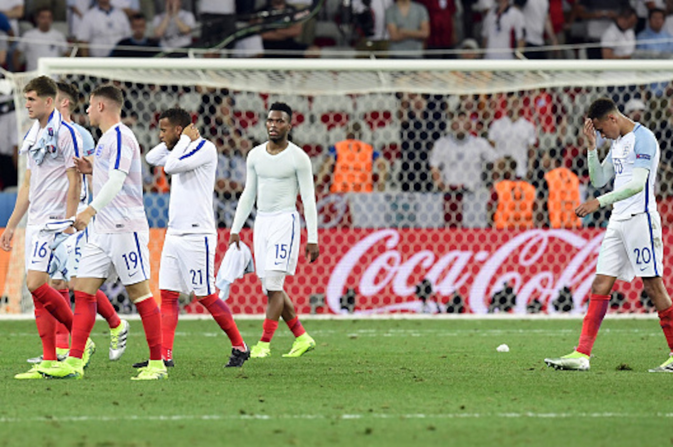 from left : England's defender John Stones, England's defender Gary Cahill, England's midfielder Ross Barkley, England's forward Daniel Sturridge and England's midfielder Dele Alli walks off the pitch after England lost 2-1 to Iceland in the Euro 2016 rou