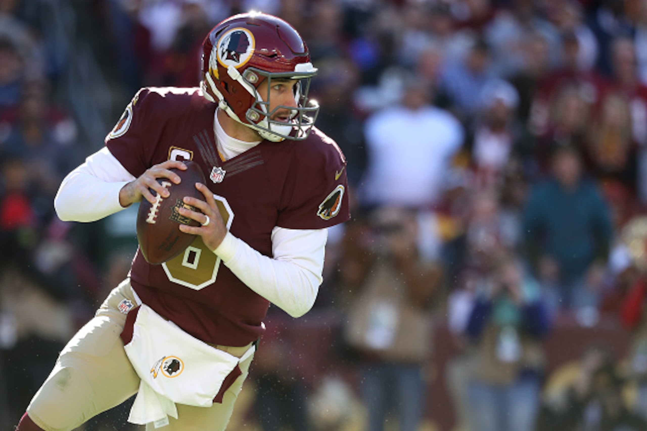 LANDOVER, MD - NOVEMBER 13: Quarterback Kirk Cousins #8 of the Washington Redskins looks to pass against the Minnesota Vikings in the first quarter at FedExField on November 13, 2016 in Landover, Maryland. (Photo by Rob Carr/Getty Images)
