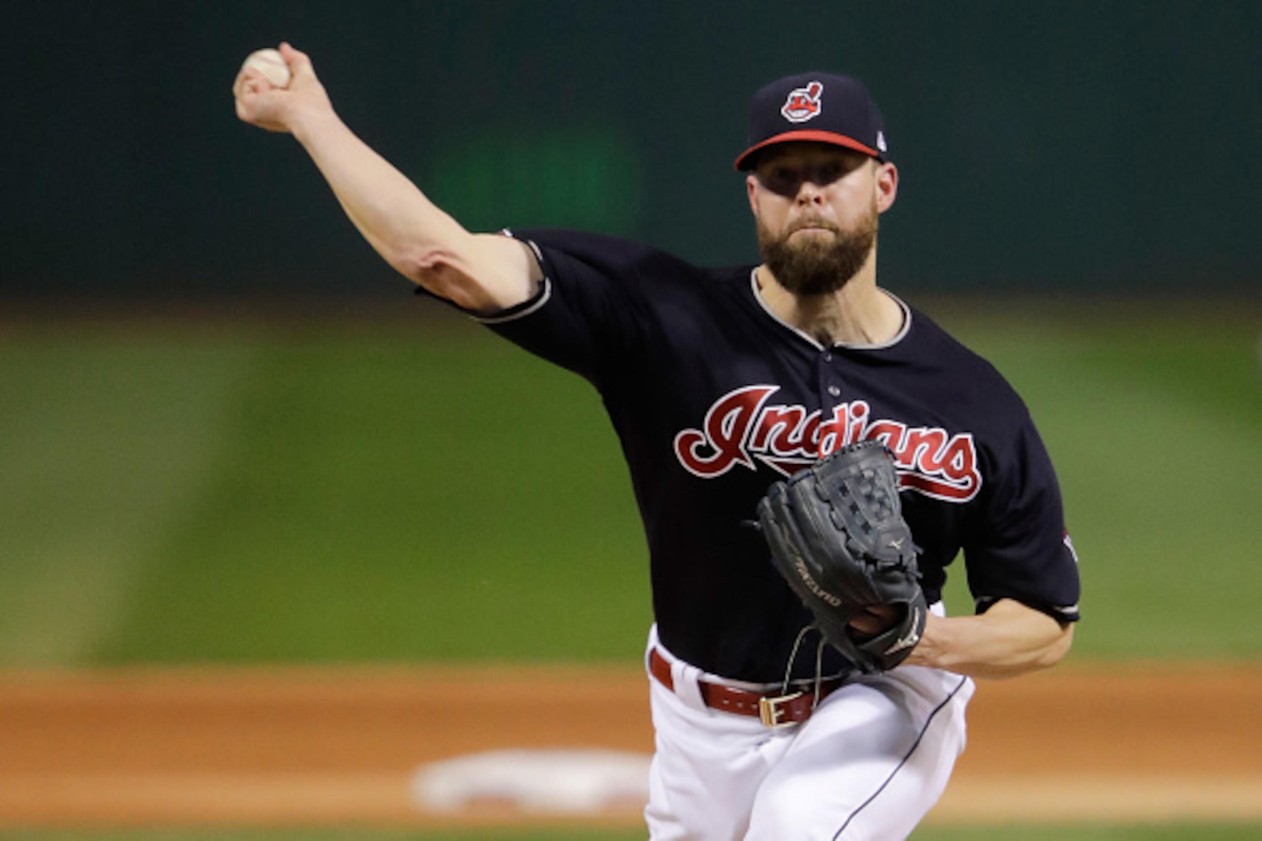 CLEVELAND, OH - NOVEMBER 02:  Corey Kluber #28 of the Cleveland Indians pitches in the first inning against the Chicago Cubs in Game Seven of the 2016 World Series at Progressive Field on November 2, 2016 in Cleveland, Ohio.   (Photo by Gene Puskar - Pool