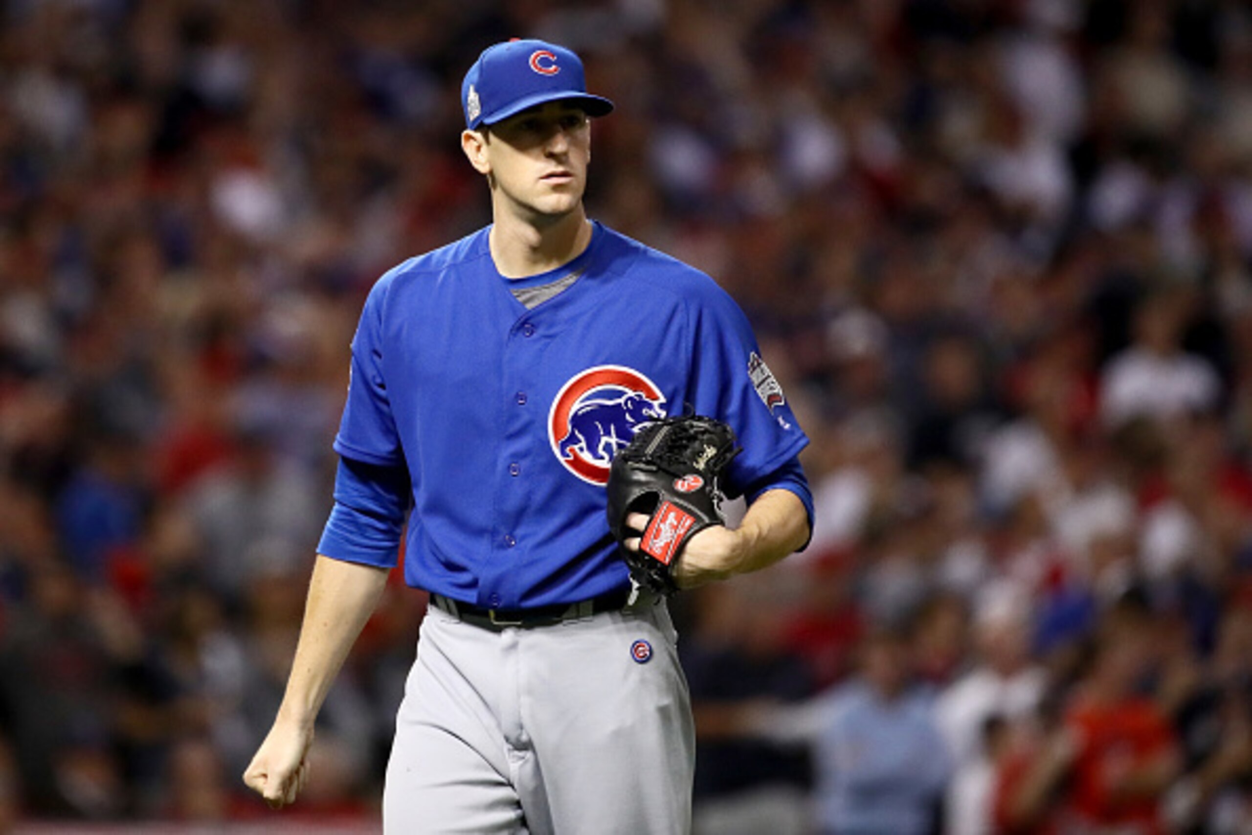 CLEVELAND, OH - NOVEMBER 02:  Kyle Hendricks #28 of the Chicago Cubs reacts after the second inning against the Cleveland Indians in Game Seven of the 2016 World Series at Progressive Field on November 2, 2016 in Cleveland, Ohio.  (Photo by Ezra Shaw/Gett
