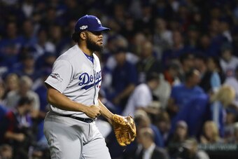 CHICAGO, IL - OCTOBER 16:  Kenley Jansen #74 of the Los Angeles Dodgers reacts after defeating the Chicago Cubs 1-0 in game two of the National League Championship Series at Wrigley Field on October 16, 2016 in Chicago, Illinois.  (Photo by Jonathan Danie