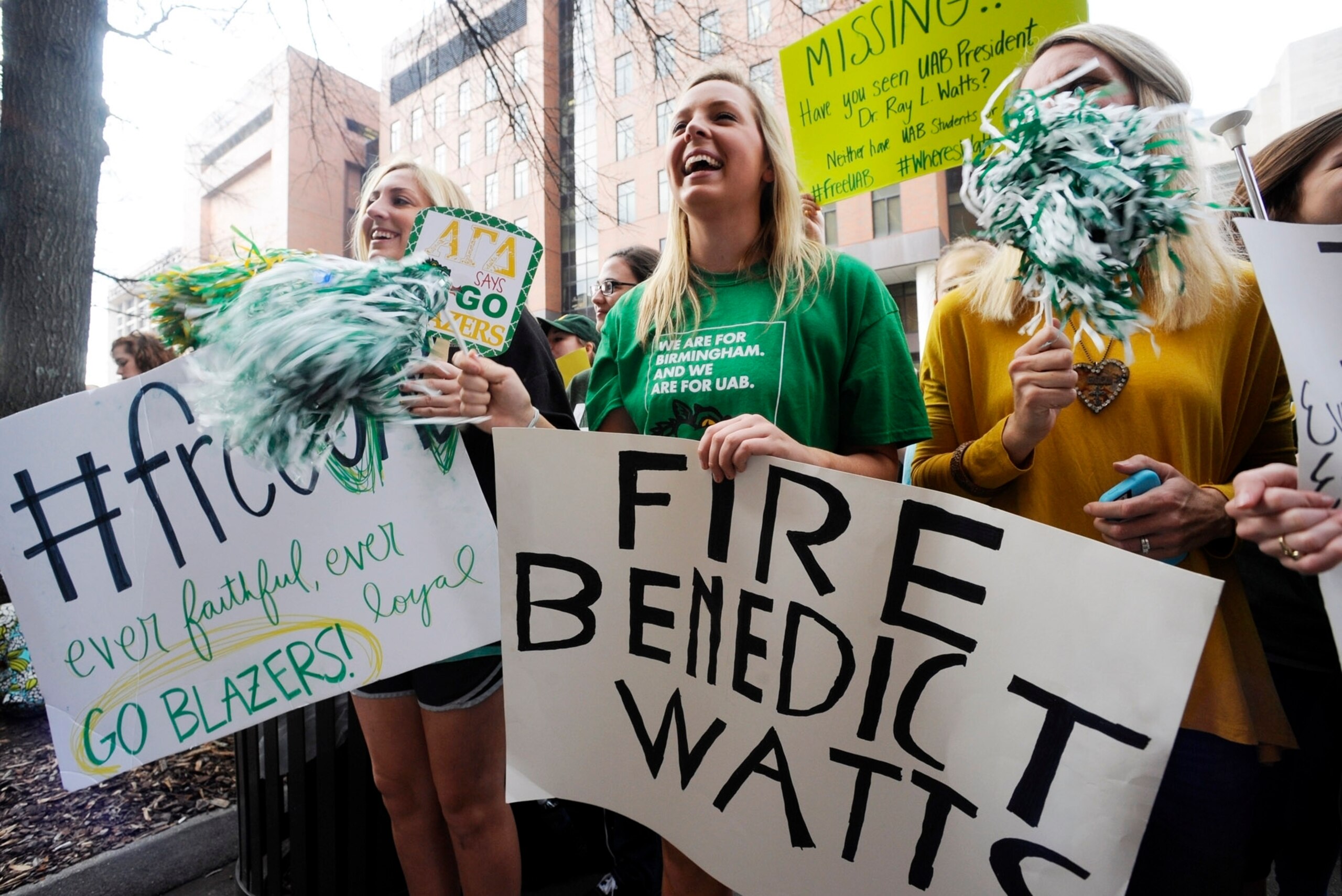 Student Mallory Sisk, center, and others protest the shutdown of the UAB football program in Birmingham on Dec. 2, 2014. Student Mallory Sisk, center, and others protest the shutdown of the UAB football program in Birmingham on Dec. 2, 2014.