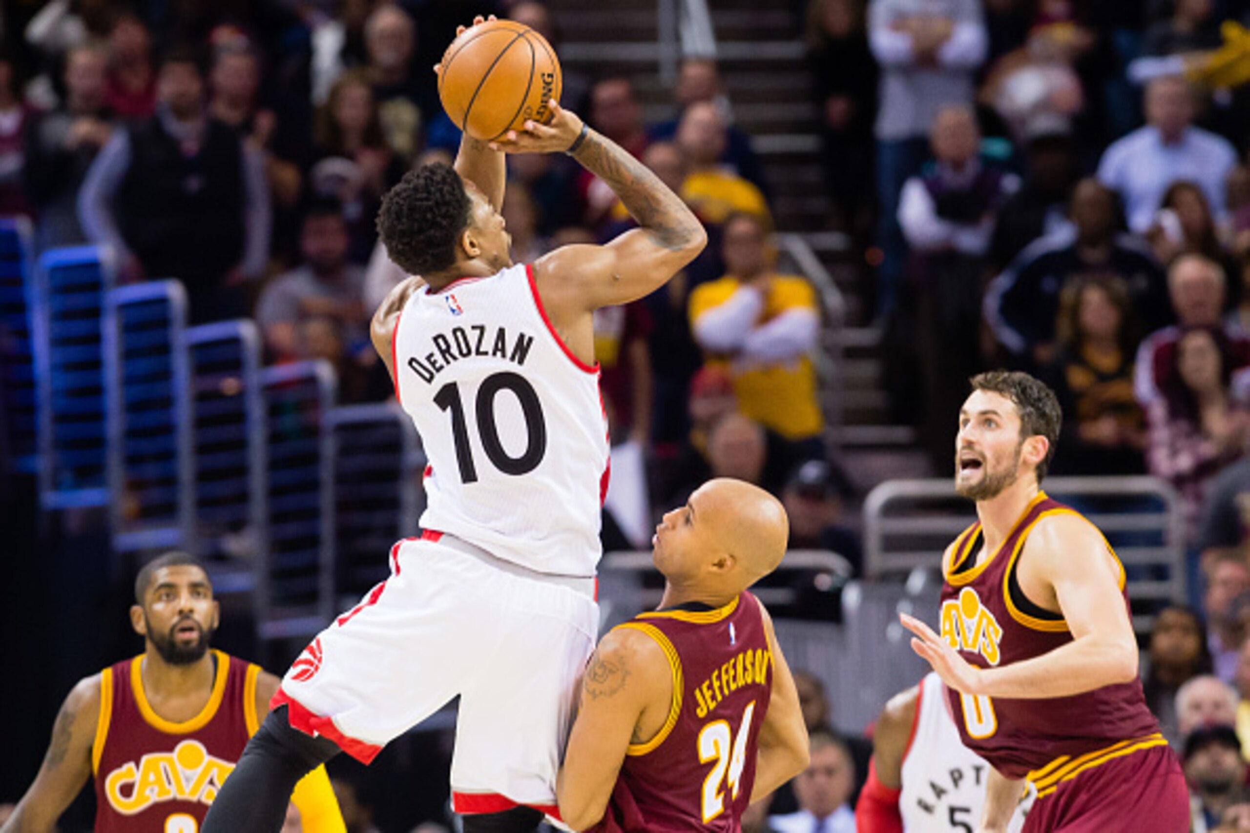 CLEVELAND, OH - NOVEMBER 15: DeMar DeRozan #10 of the Toronto Raptors shoots over Richard Jefferson #24 of the Cleveland Cavaliers during the second half at Quicken Loans Arena on November 15, 2016 in Cleveland, Ohio. The Cavaliers defeated the Raptors 12