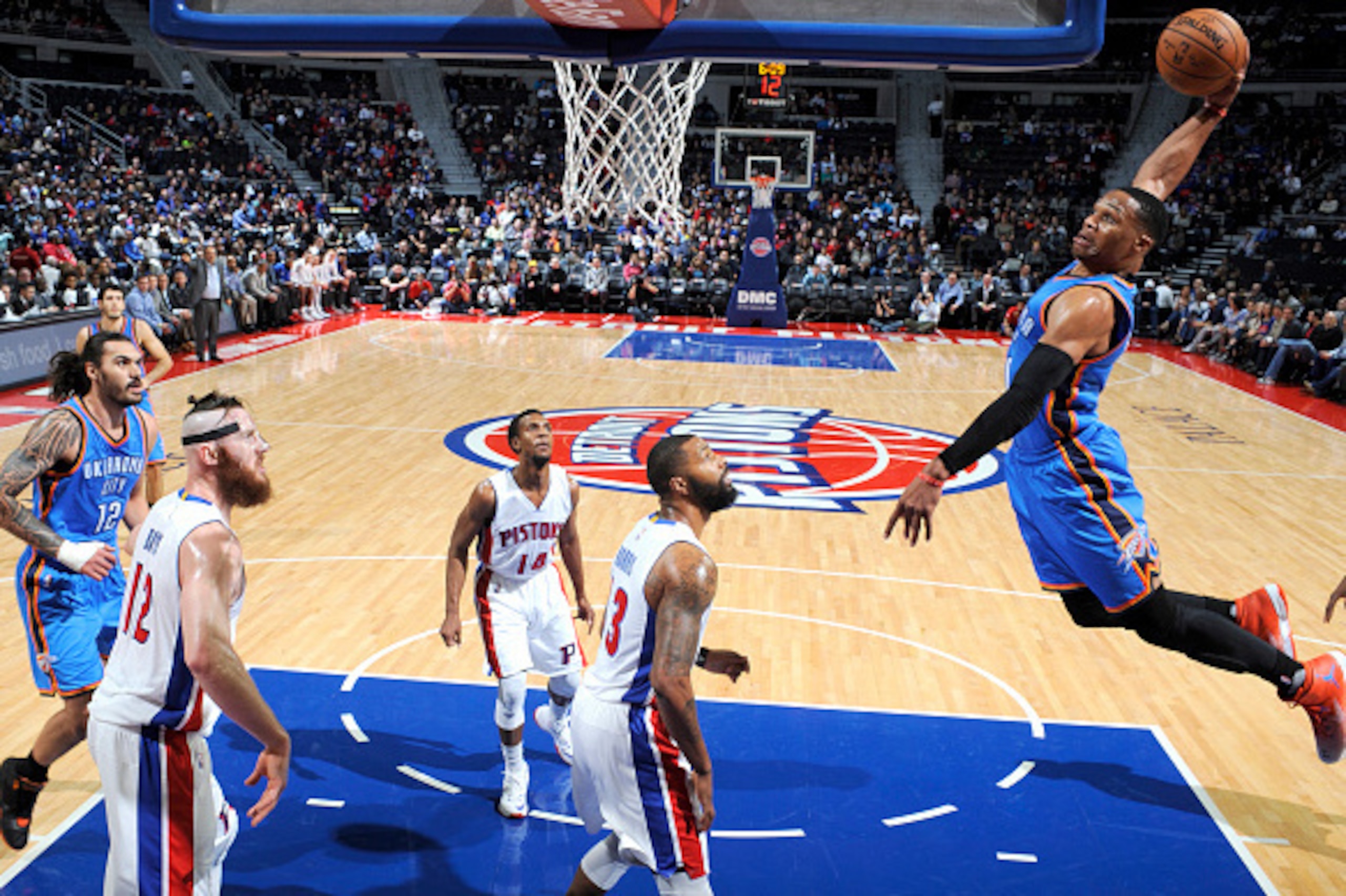 AUBURN HILLS, MI - NOVEMBER 14: Russell Westbrook #0 of the Oklahoma City Thunder goes to the basket against the Detroit Pistons on November 14, 2016 at The Palace of Auburn Hills in Auburn Hills, Michigan. NOTE TO USER: User expressly acknowledges and ag