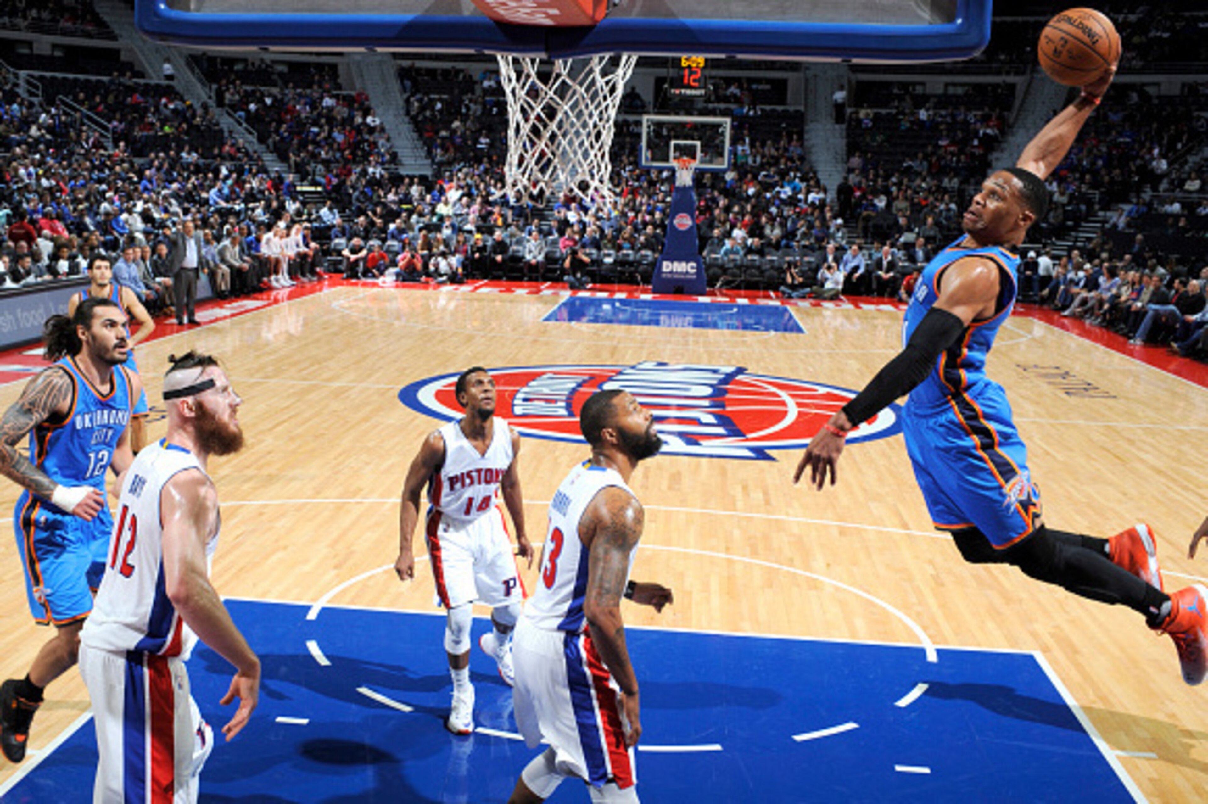 AUBURN HILLS, MI - NOVEMBER 14: Russell Westbrook #0 of the Oklahoma City Thunder goes to the basket against the Detroit Pistons on November 14, 2016 at The Palace of Auburn Hills in Auburn Hills, Michigan. NOTE TO USER: User expressly acknowledges and ag
