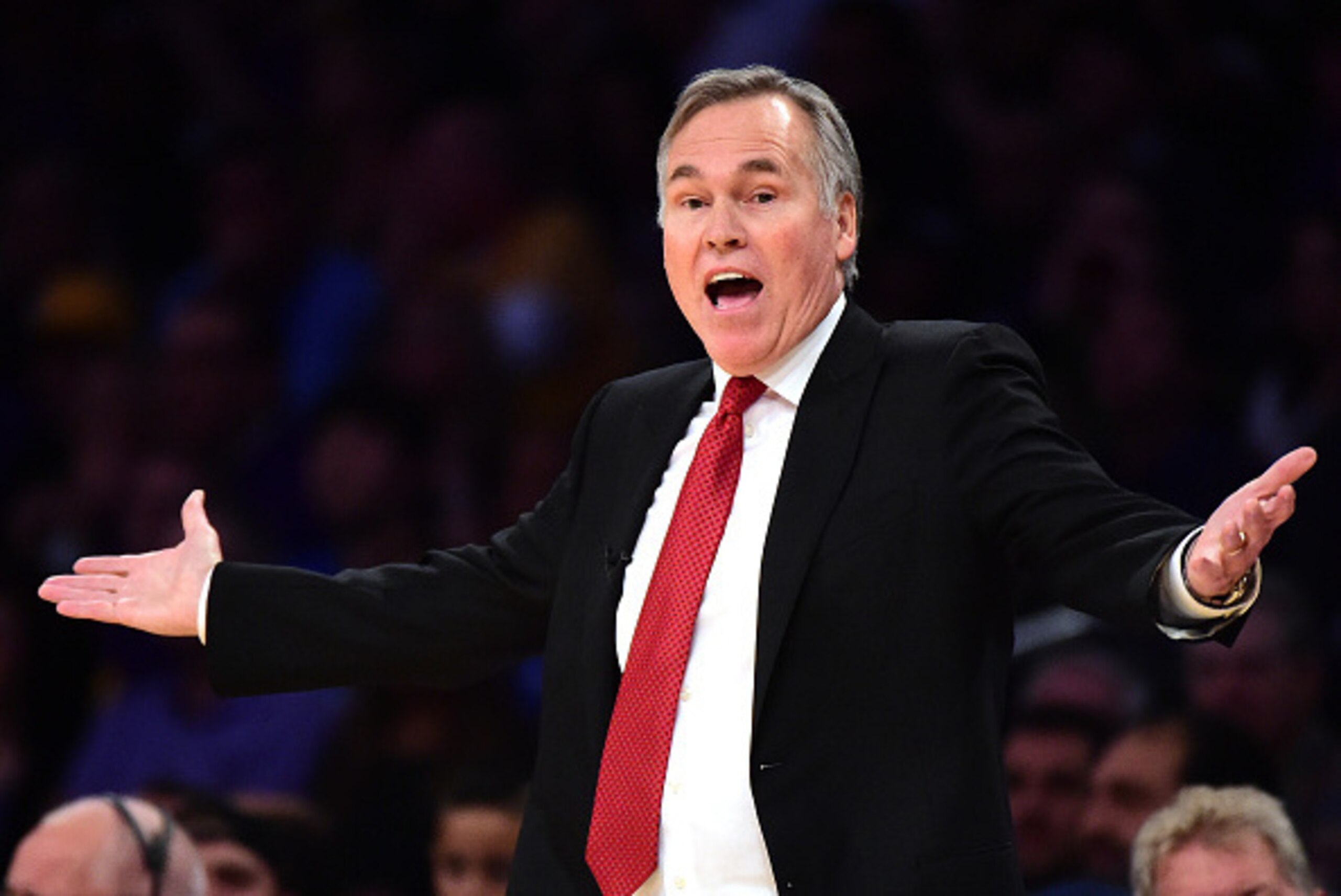 LOS ANGELES, CA - OCTOBER 26:  Mike D'Antoni of the Houston Rockets argues a call during the game against the Los Angeles Lakers at Staples Center on October 26, 2016 in Los Angeles, California.  NOTE TO USER: User expressly acknowledges and agrees that, 