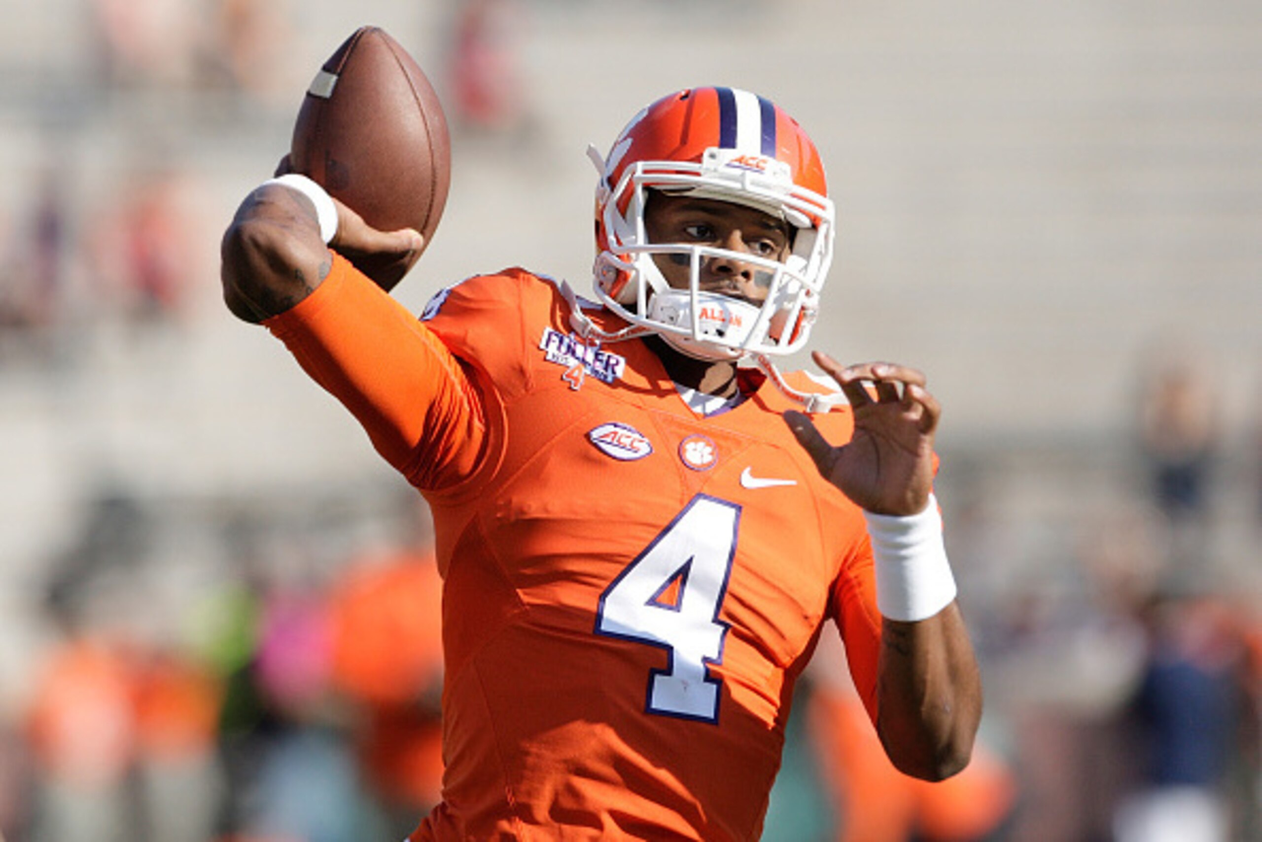 CLEMSON, SC - NOVEMBER 12: Deshaun Watson #4 of the Clemson Tigers warms up prior to the game against the Pittsburgh Panthers at Memorial Stadium on November 12, 2016 in Clemson, South Carolina. (Photo by Tyler Smith/Getty Images)