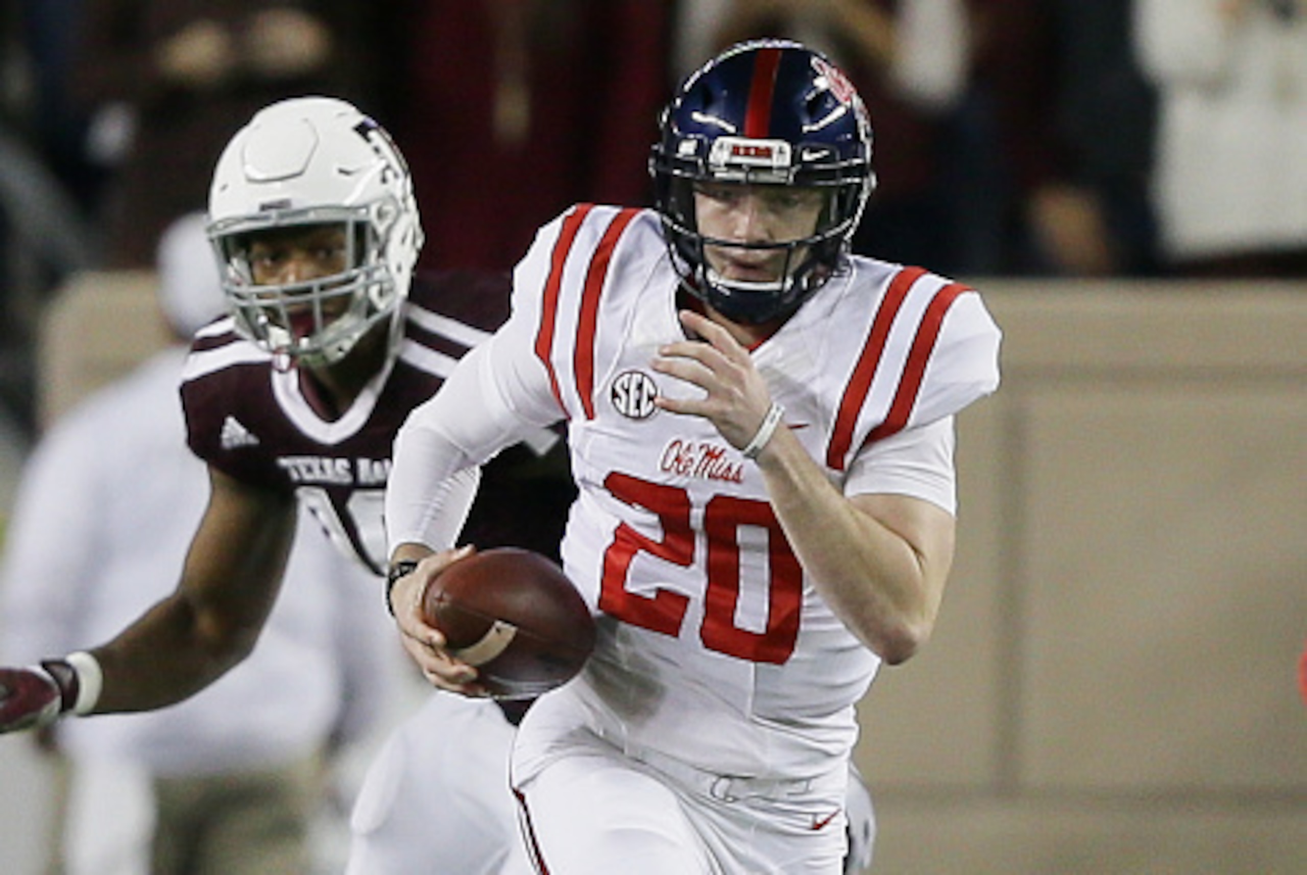 COLLEGE STATION, TX - NOVEMBER 12:  Shea Patterson #20 of the Mississippi Rebels rushes with the ball against the Texas A&M Aggies at Kyle Field on November 12, 2016 in College Station, Texas.  (Photo by Bob Levey/Getty Images)