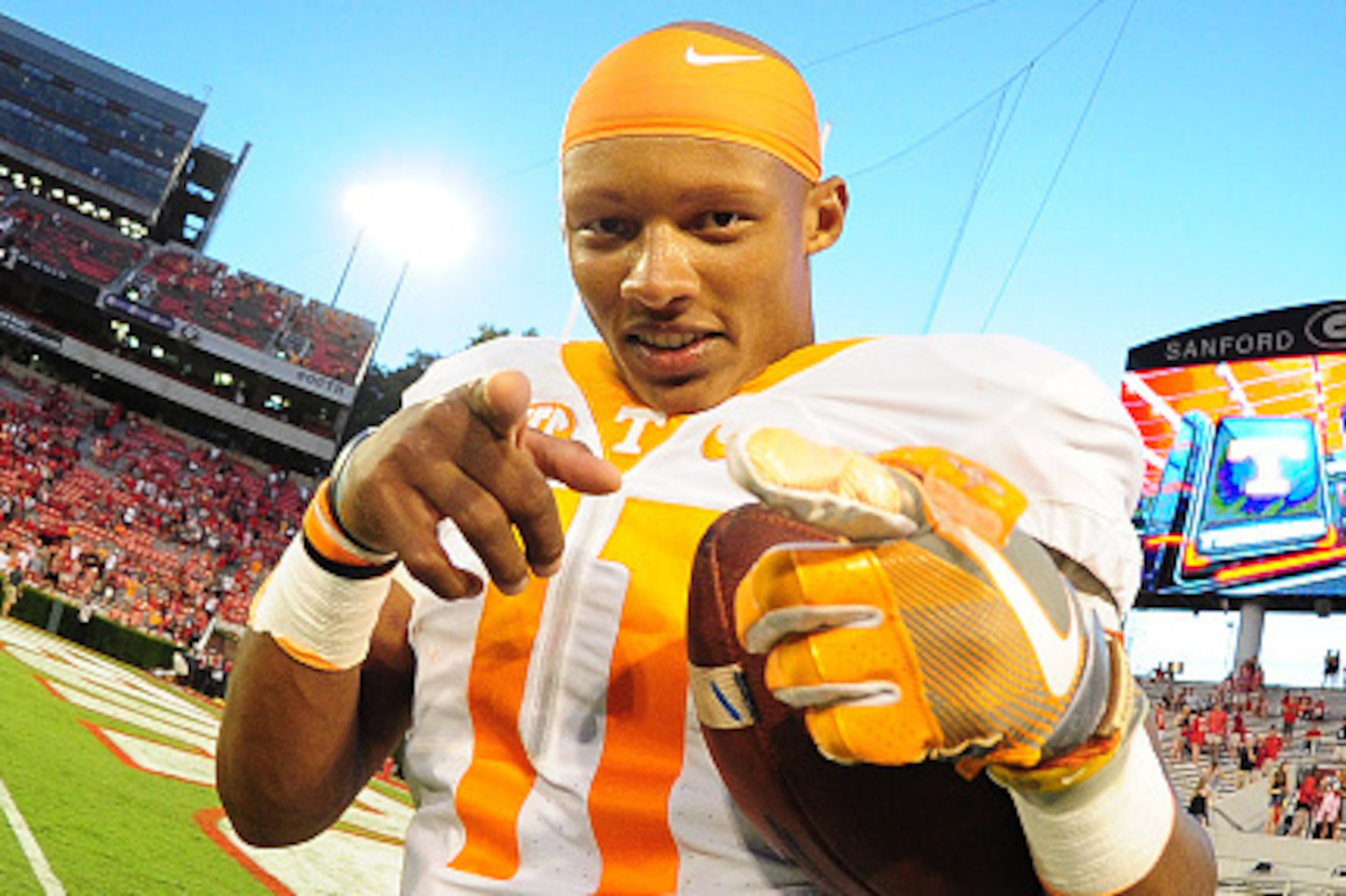 ATHENS, GA - OCTOBER 1: Joshua Dobbs #11 of the Tennessee Volunteers celebrates after the game against the Georgia Bulldogs at Sanford Stadium on October 1, 2016 in Athens, Georgia. (Photo by Scott Cunningham/Getty Images)
