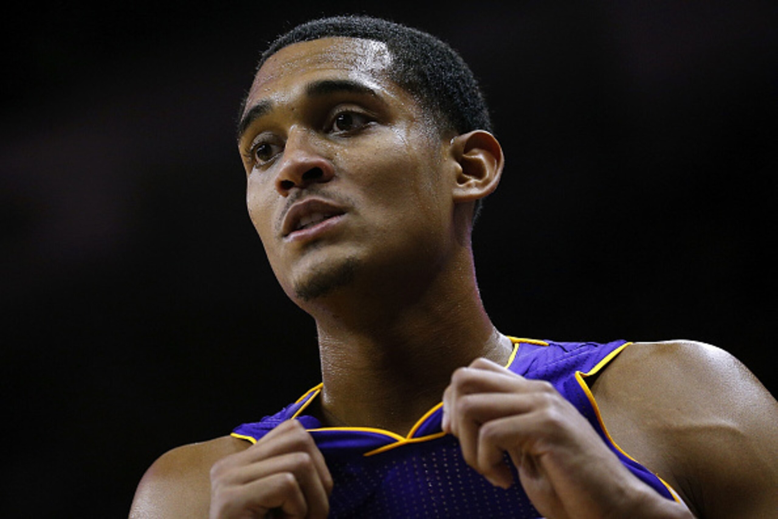 NEW ORLEANS, LA - NOVEMBER 12:  Jordan Clarkson #6 of the Los Angeles Lakers reacts during a game against the New Orleans Pelicans at the Smoothie King Center on November 12, 2016 in New Orleans, Louisiana. NOTE TO USER: User expressly acknowledges and ag