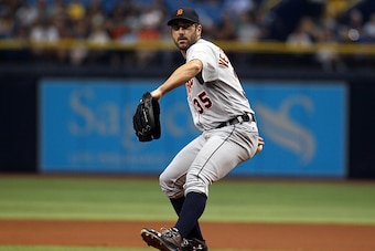ST. PETERSBURG, FL - JULY 2:  Justin Verlander #35 of the Detroit Tigers pitches during the first inning of a game against the Tampa Bay Rays on July 2, 2016 at Tropicana Field in St. Petersburg, Florida. (Photo by Brian Blanco/Getty Images)