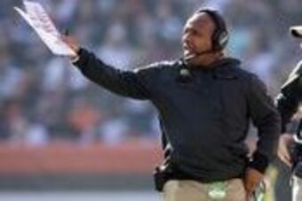 Nov 6, 2016; Cleveland, OH, USA; Cleveland Browns head coach Hue Jackson argues a touchdown call for the Dallas Cowboys during the second quarter at FirstEnergy Stadium. Mandatory Credit: Scott R. Galvin-USA TODAY Sports