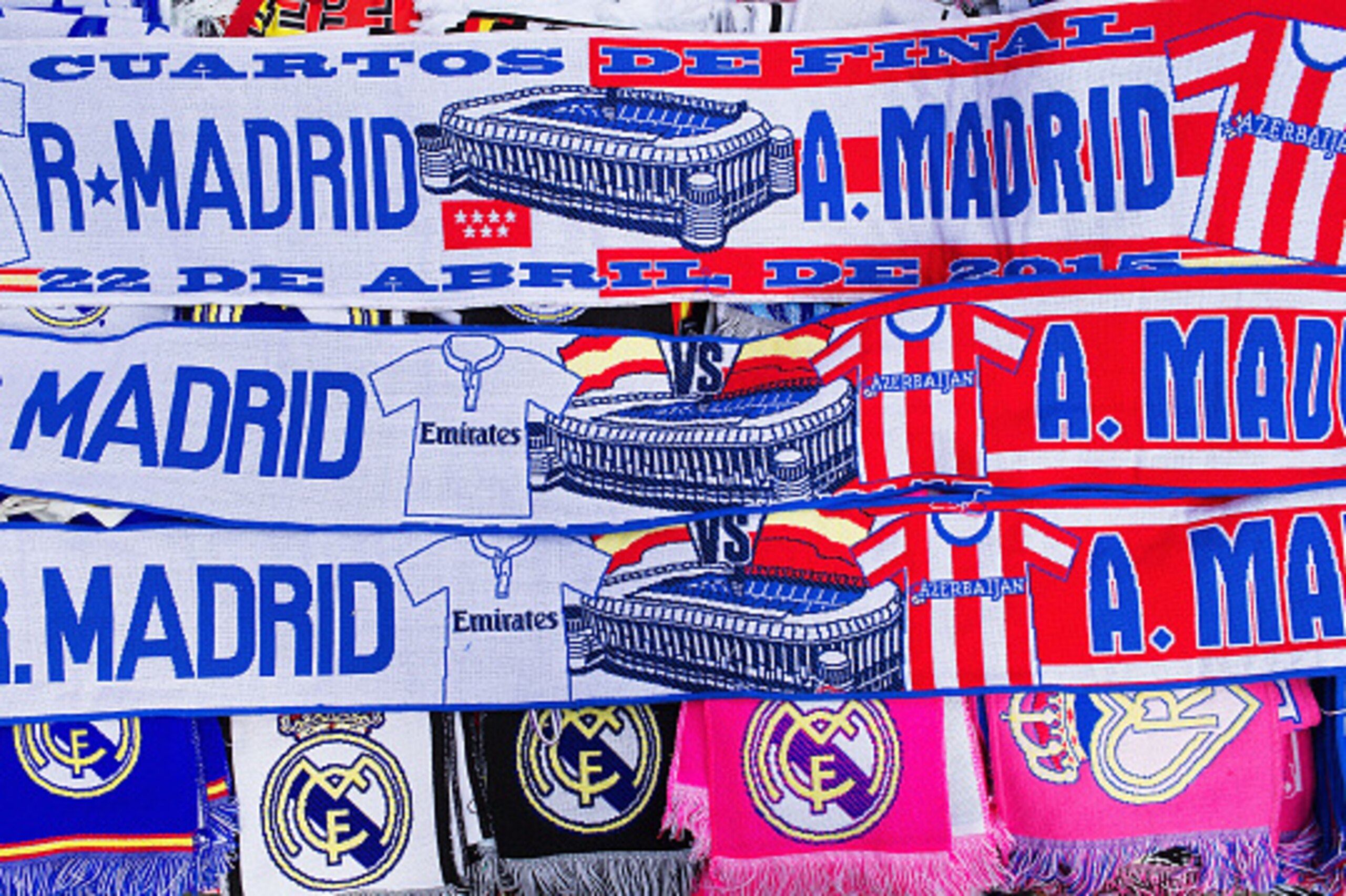 MADRID, SPAIN - APRIL 22:  Scarves for sale prior to the UEFA Champions League quarter-final second leg match between Real Madrid CF and Club Atletico de Madrid at Bernabeu on April 22, 2015 in Madrid, Spain.  (Photo by Gonzalo Arroyo Moreno/Getty Images)