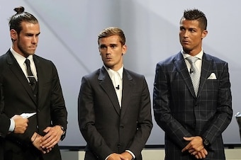 (From 2nd L) Real Madrid's Welsh forward Gareth Bale, Atletico Madrid's French forward Antoine Griezmann and Real Madrid's Portuguese forward Cristiano Ronaldo take part in the awarding ceremony for the Best Men's player in Europe at the end of the UEFA C