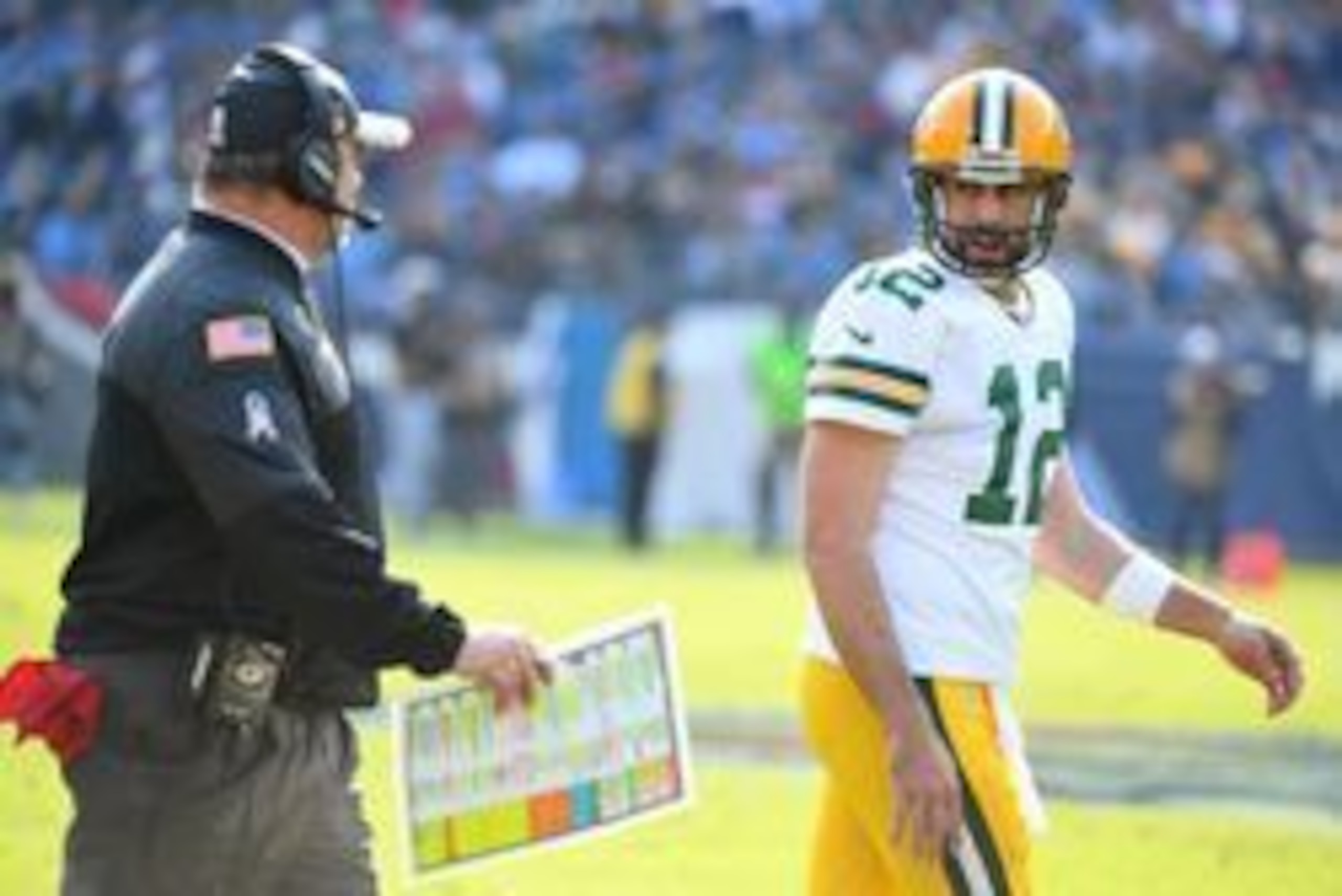 Nov 13, 2016; Nashville, TN, USA; Green Bay Packers head coach Mike McCarthy talks with quarterback Aaron Rodgers (12) during the first half against the Tennessee Titans at Nissan Stadium. Mandatory Credit: Christopher Hanewinckel-USA TODAY Sports Nov 13, 2016; Nashville, TN, USA; Green Bay Packers head coach Mike McCarthy talks with quarterback Aaron Rodgers (12) during the first half against the Tennessee Titans at Nissan Stadium. Mandatory Credit: Christopher Hanewinckel-USA TODAY Sports