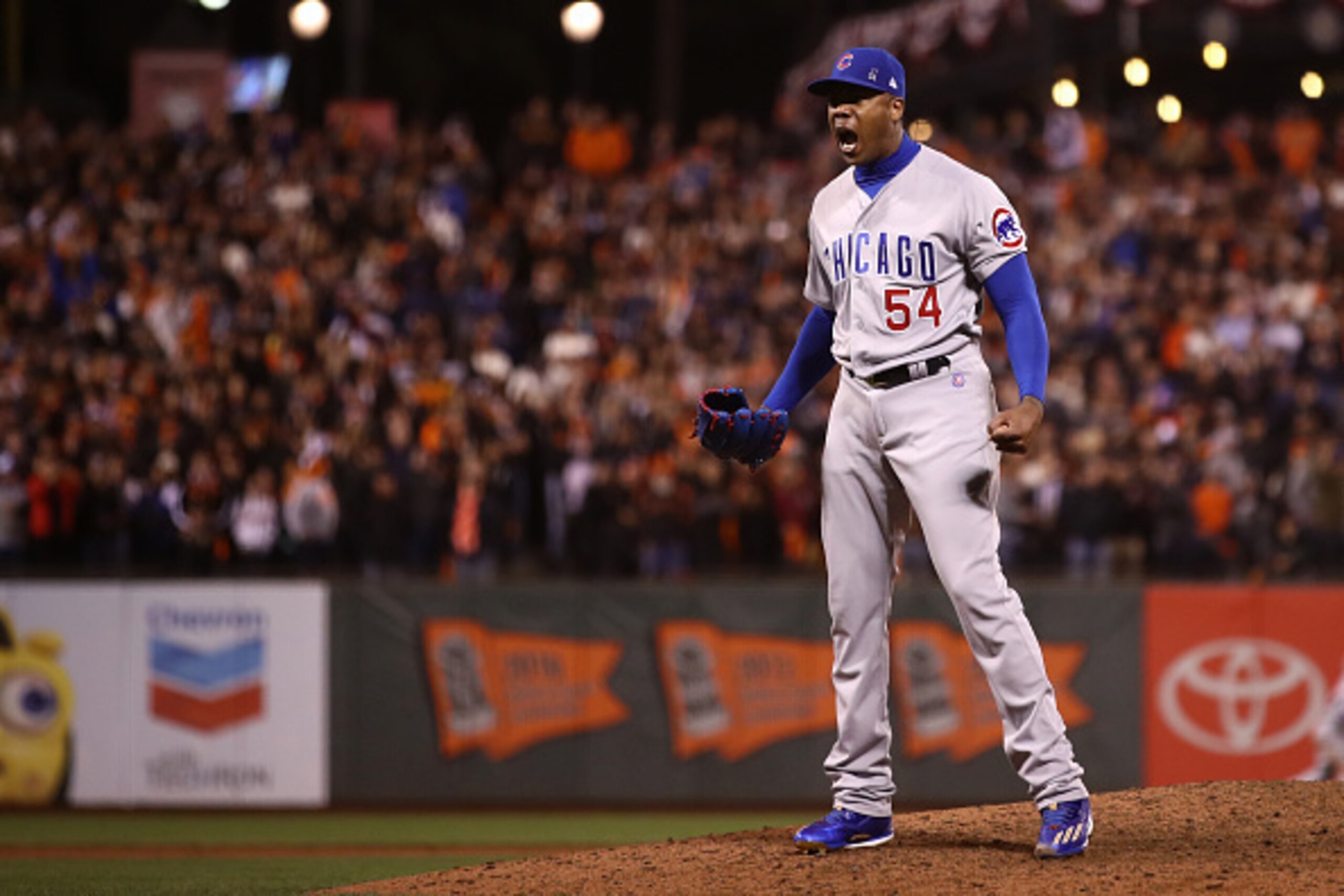 SAN FRANCISCO, CA - OCTOBER 11:  Aroldis Chapman #54 of the Chicago Cubs celebrates after defeating the San Francisco Giants 6-5 in Game Four of their National League Division Series to advance to the National League Championship Series at AT&T Park on Oc